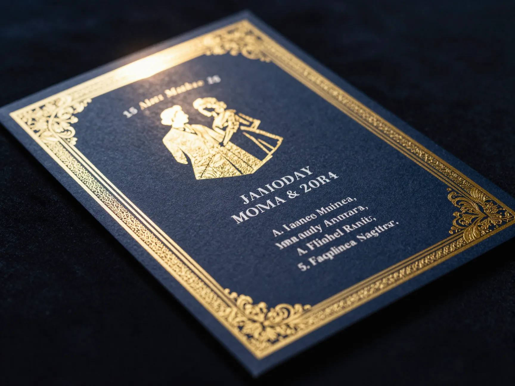 Luxury gold foil accent wedding invitation on deep navy background