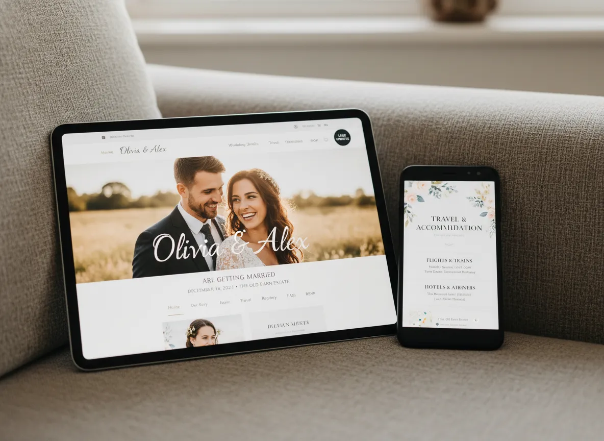 Personal wedding website displayed on tablet smartphone with wedding details travel info