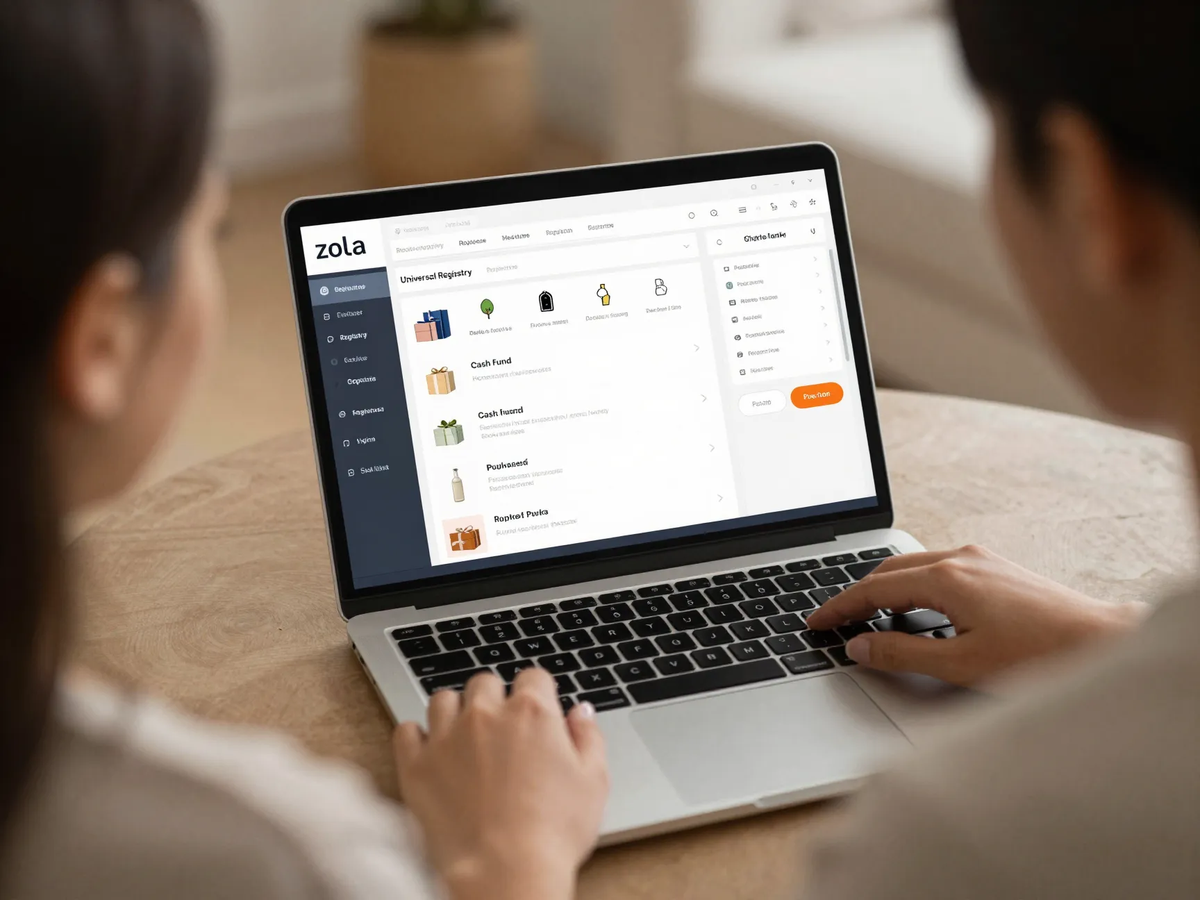 Couple reviewing integrated wedding registry gifts cash funds laptop planning platform