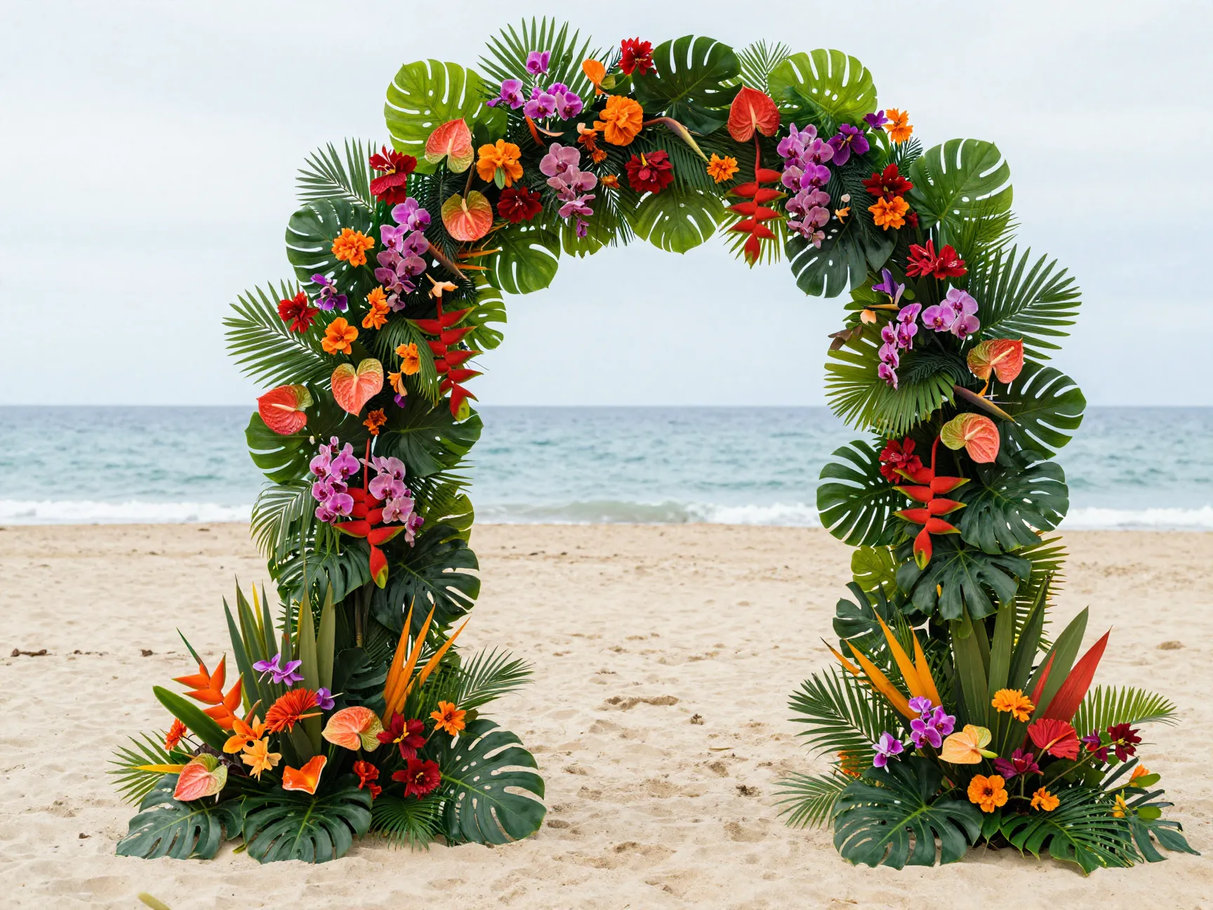 Dramatic tropical floral arch installation on a sandy beach