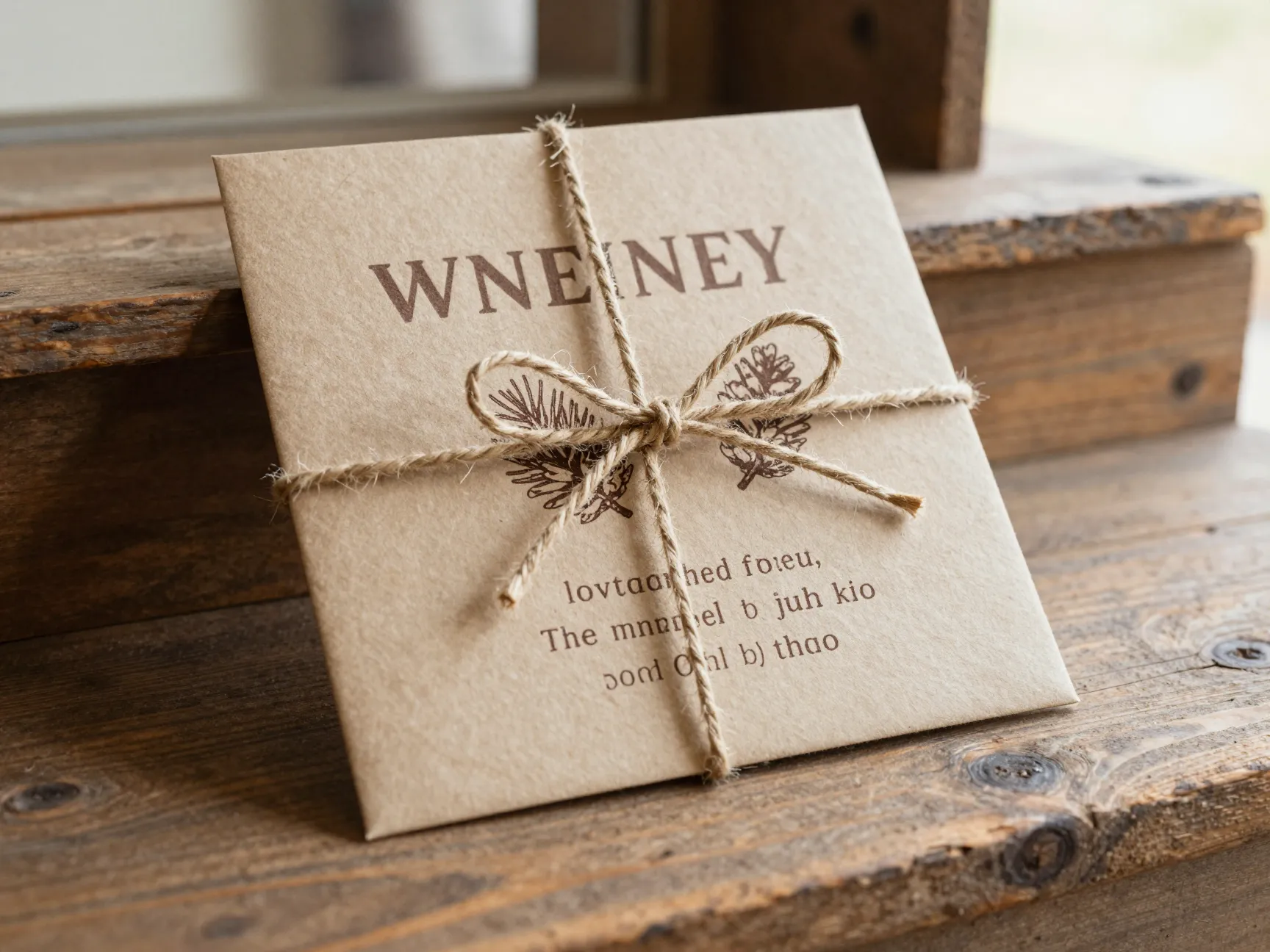 Rustic kraft paper wedding invitation with twine and woodsy font