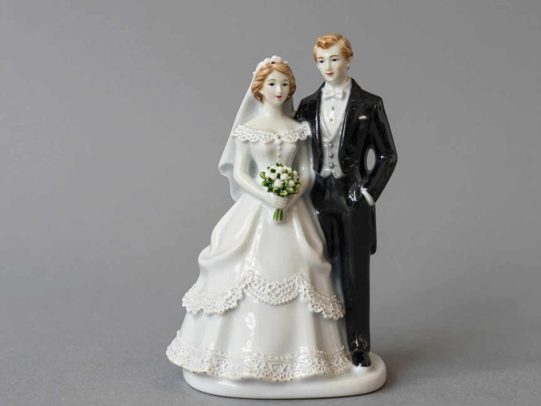 Vintage porcelain figurine couple lace gown tuxedo topper
