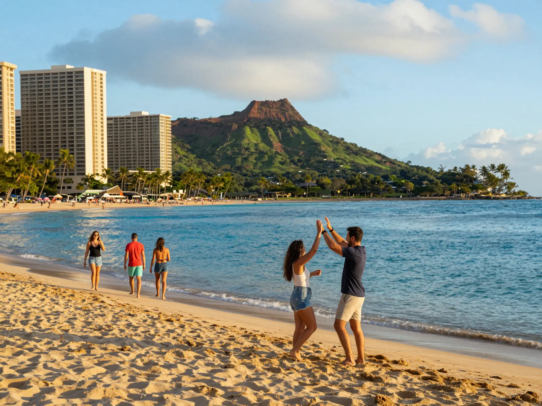 A couple celebrates on iconic waikiki beach with diamond head