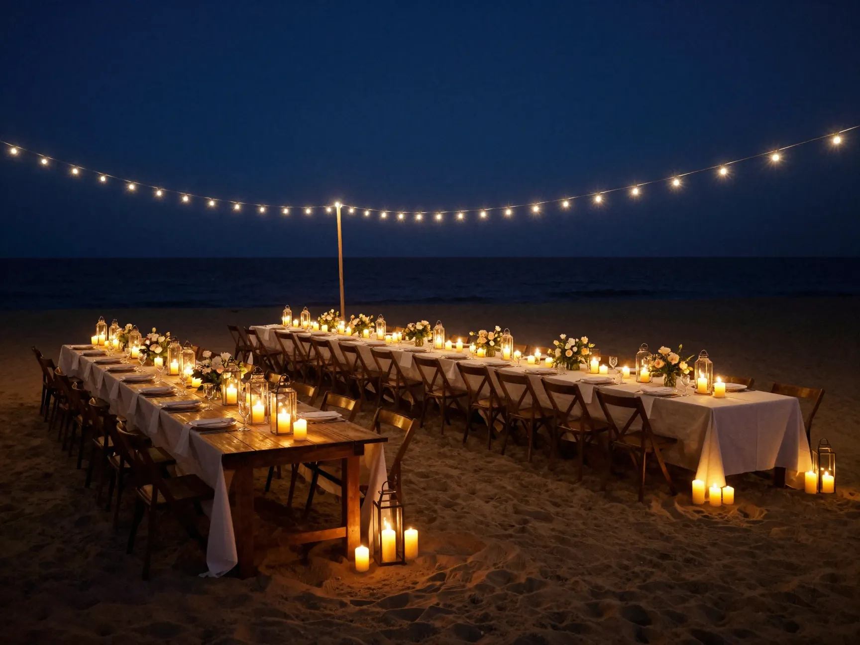 Candlelit evening beach reception with long tables and string lights