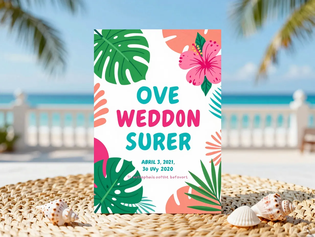 Tropical destination wedding invitation with palm leaves and ocean colors