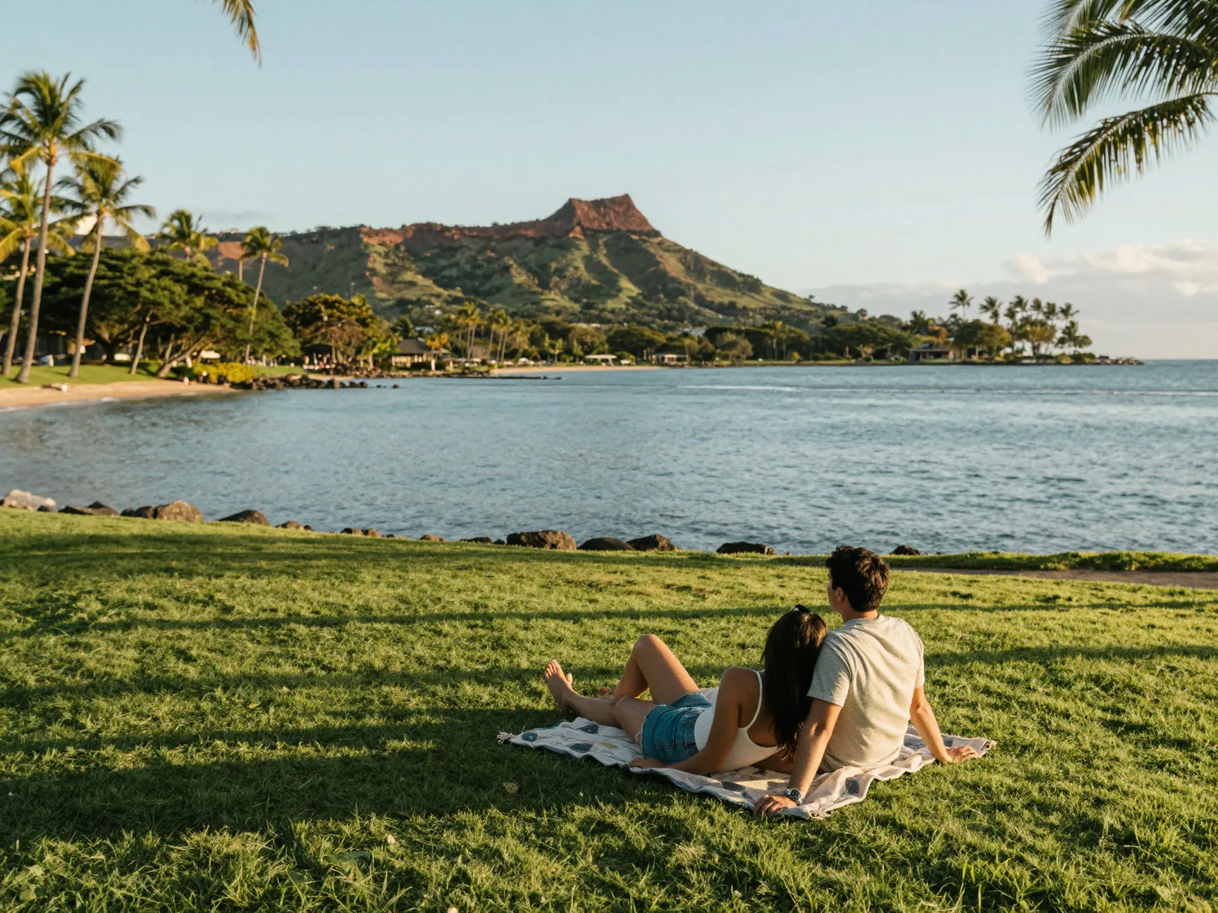 A couple relaxes on magic island with diamond head views