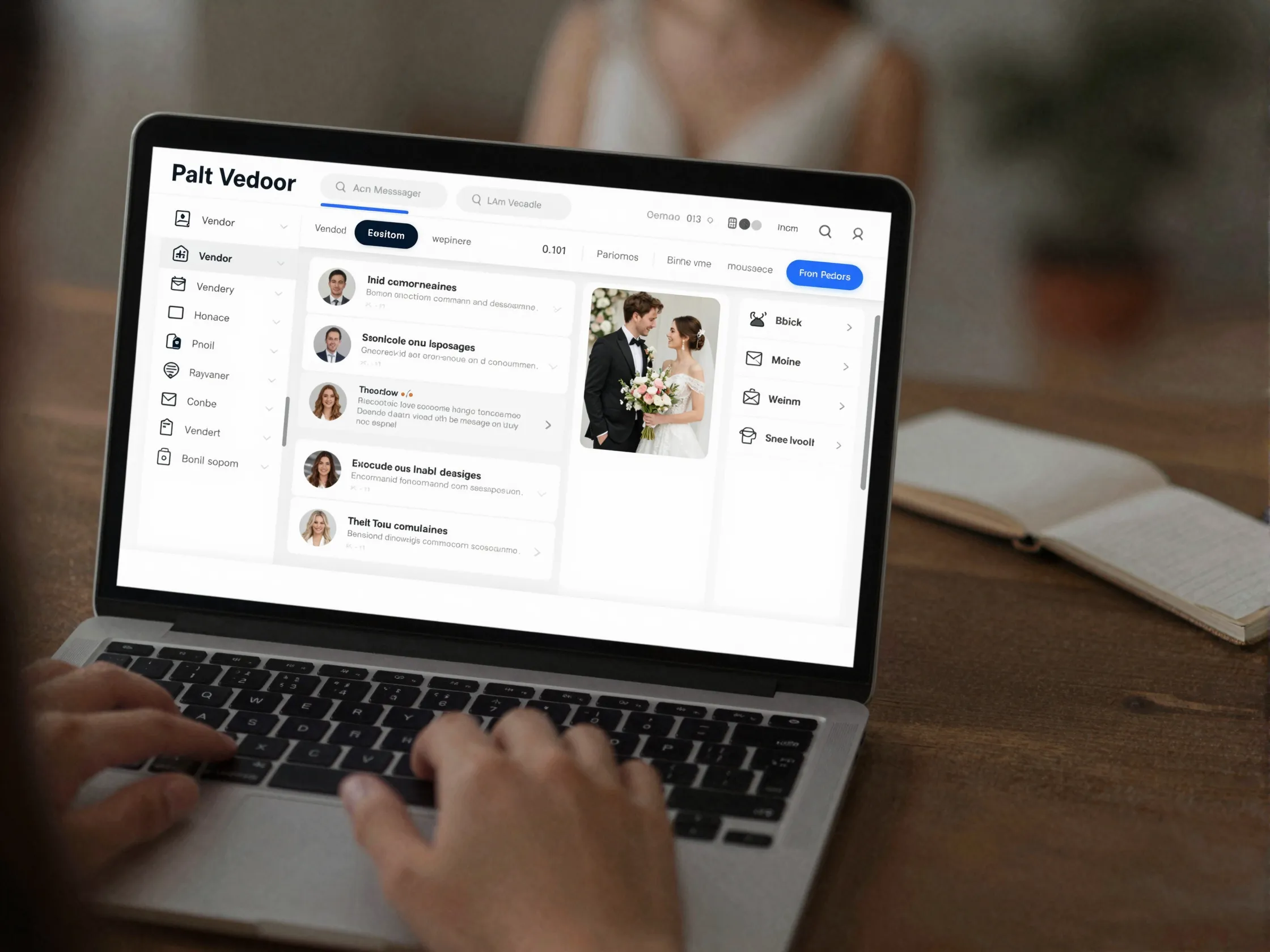 Bride groom using vendor communication dashboard centralized messaging contract storage laptop