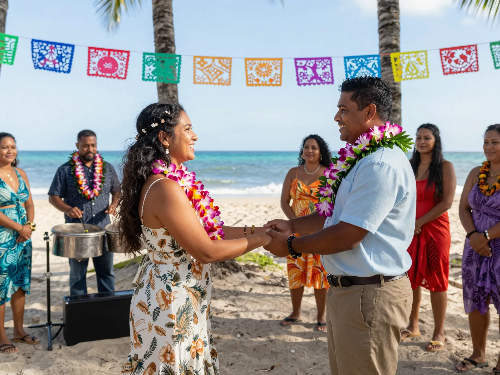 Cultural fusion beach ceremony with hawaiian leis and steel drums