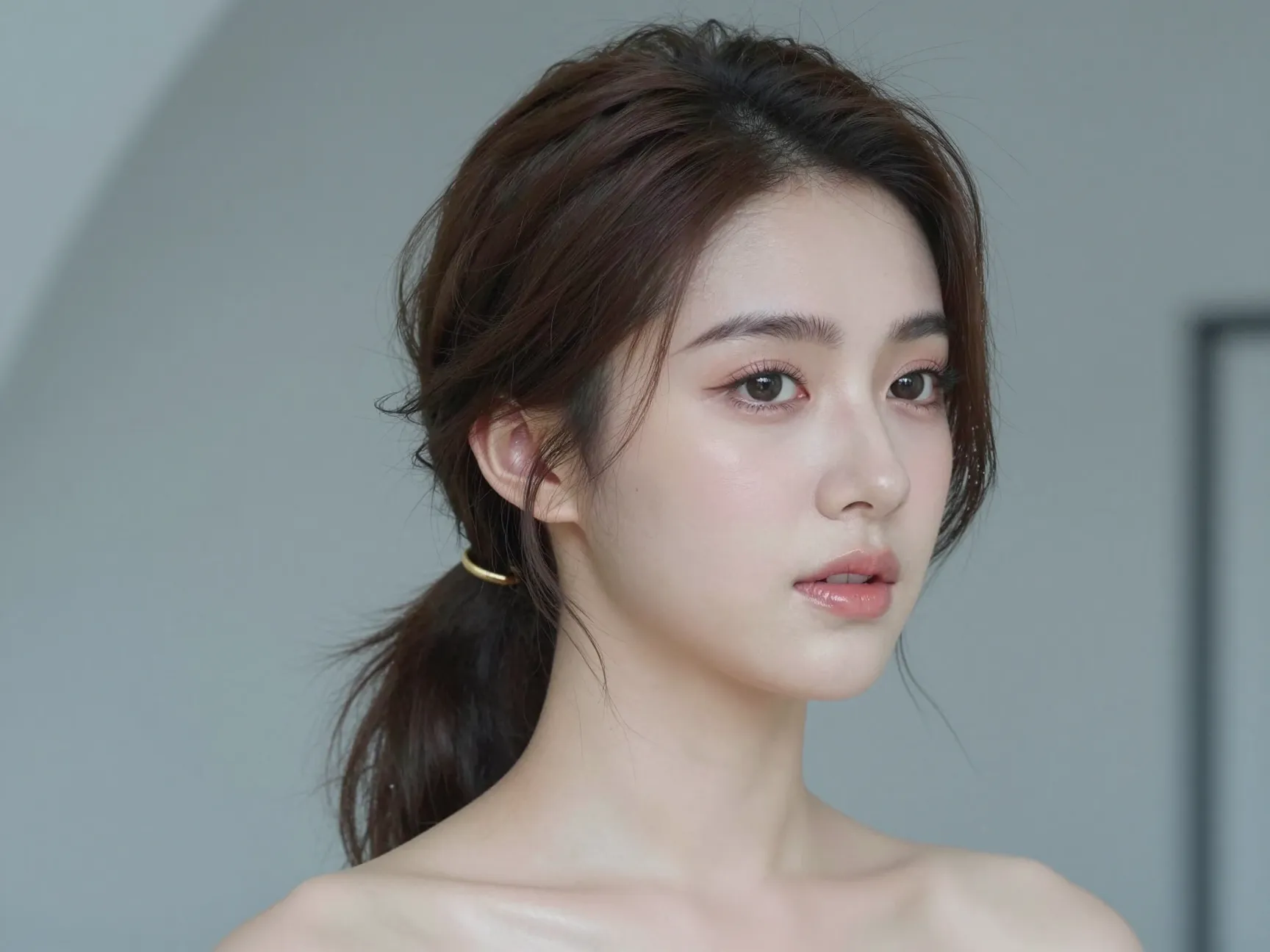 Textured low ponytail minimalist makeup modern venue