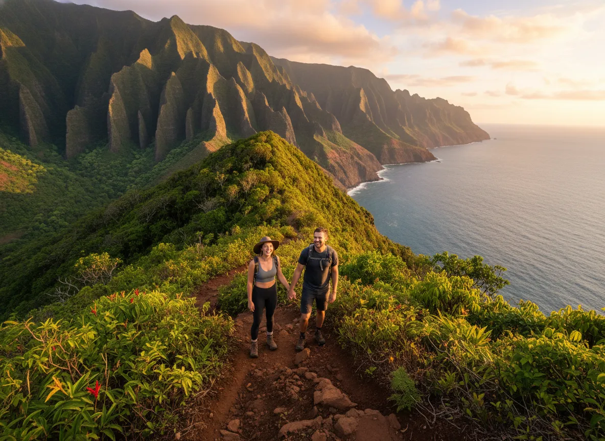A couple adventures on a kauai hiking trail overlooking the coast