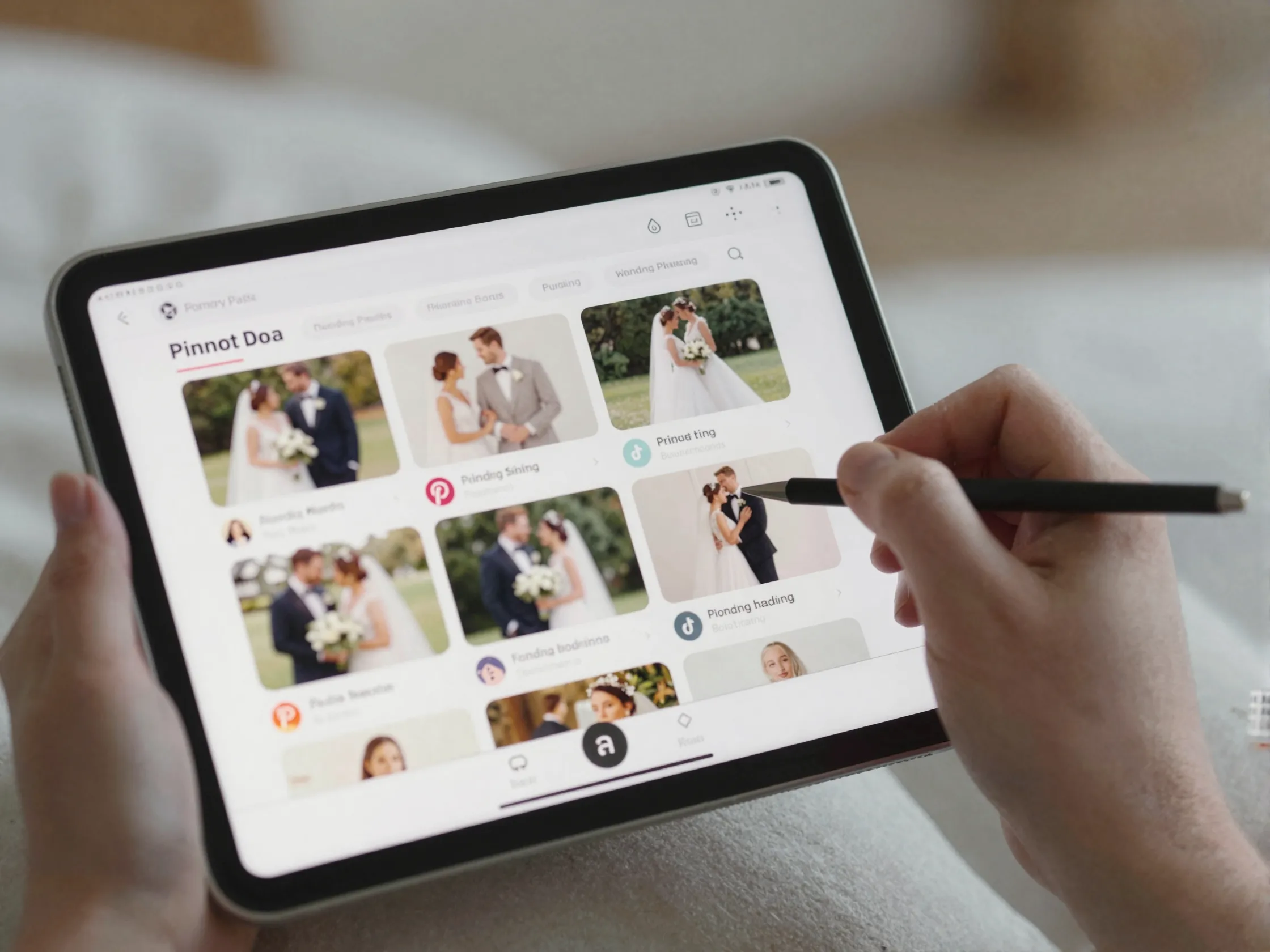 Bride curating wedding inspiration pinterest boards integrated wedding planning platform tablet