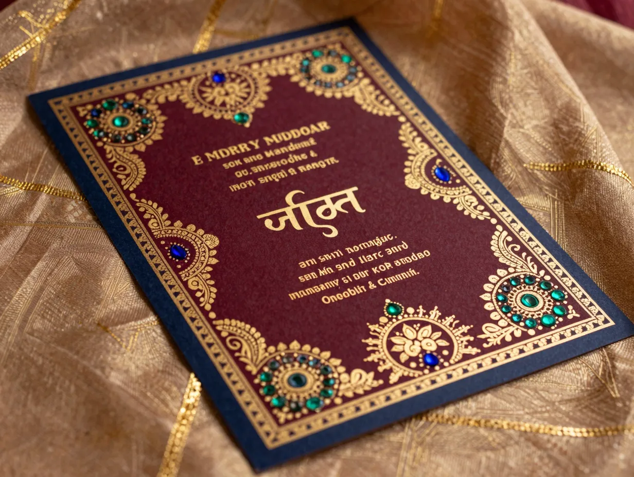 Cultural indian mehndi inspired wedding invitation with jewel tones