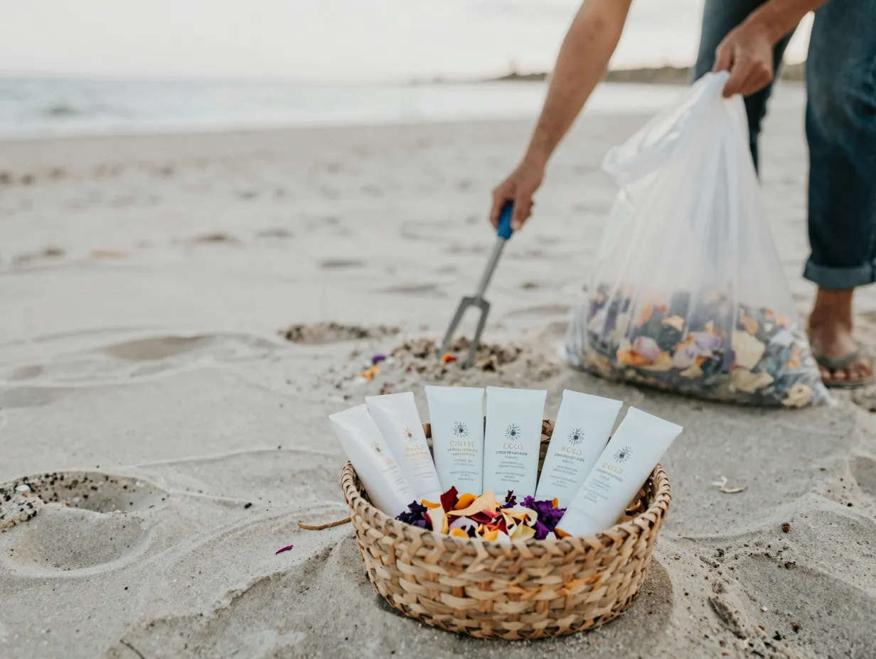 Eco conscious sustainable beach wedding favor and cleanup setup