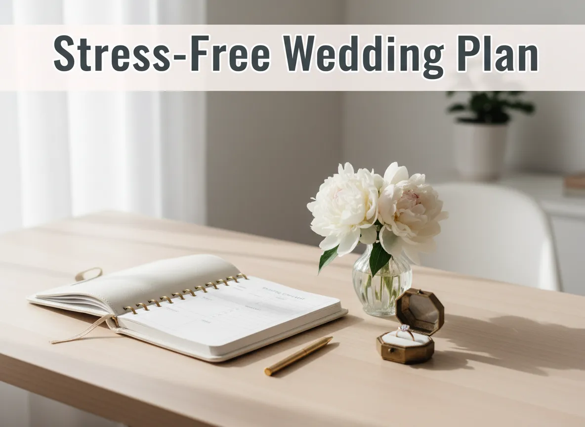 Elegant wedding planner checklist pen peonies ring on desk