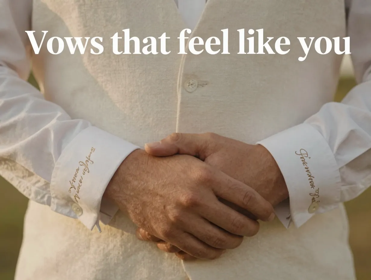 Interlocking hands embroidered vows cuff golden hour light wedding detail