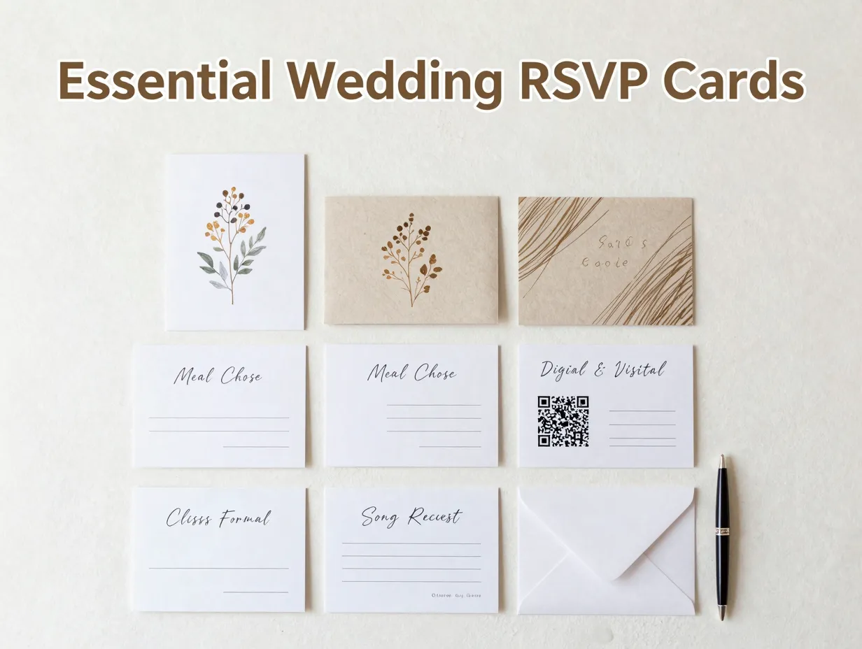 Wedding rsvp card designs grid flat lay nine styles on table