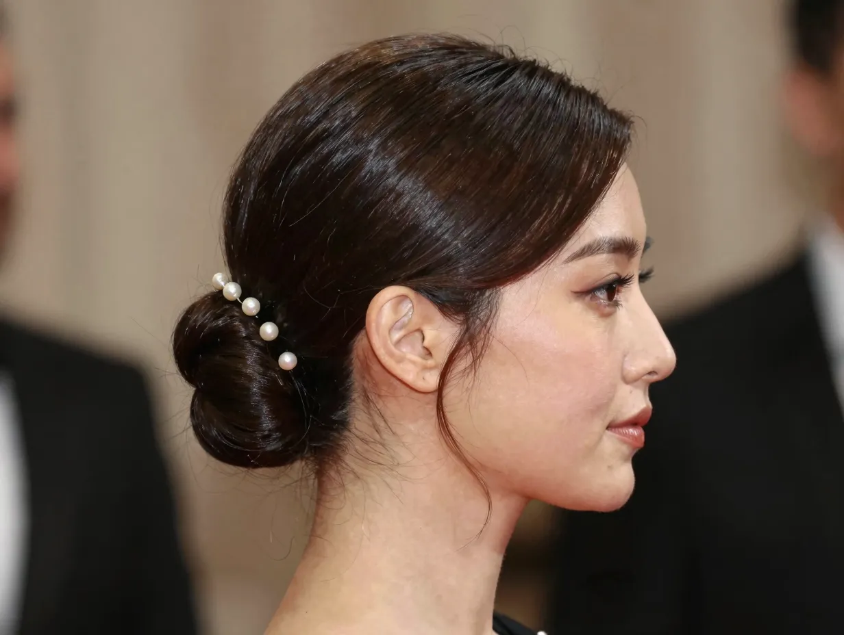A guest wearing a sleek classic chignon with pearl pins at a black tie formal event
