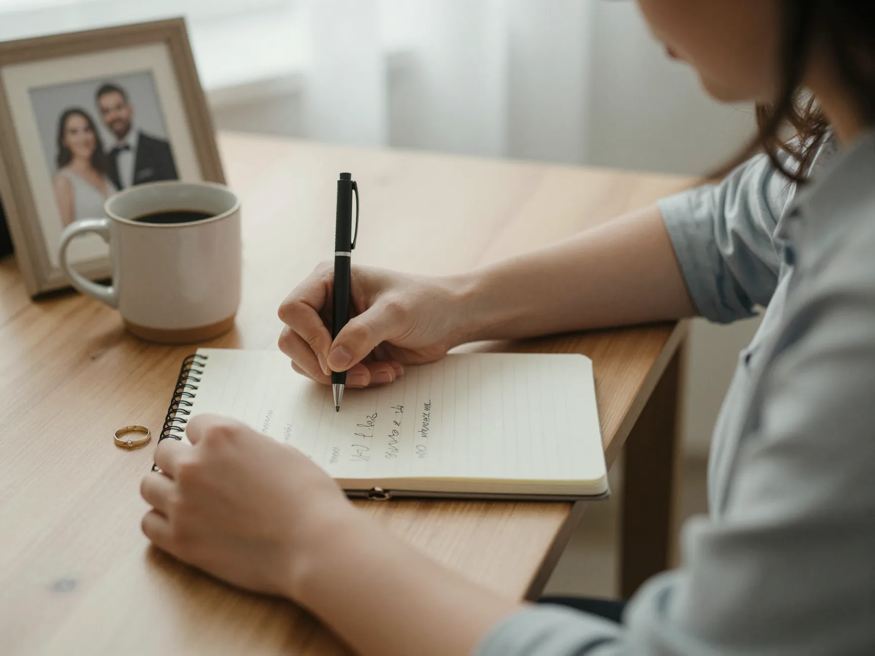 Bride writing wedding vows at desk with coffee and ring