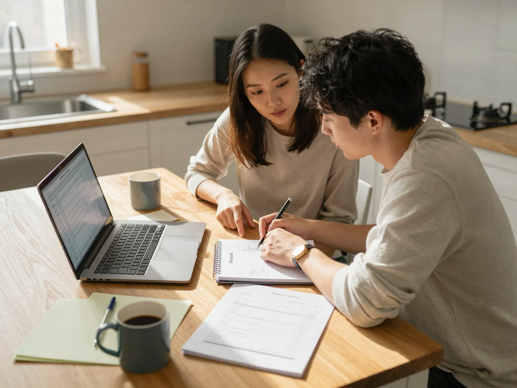 Couple discussing wedding vision budget at sunny kitchen table
