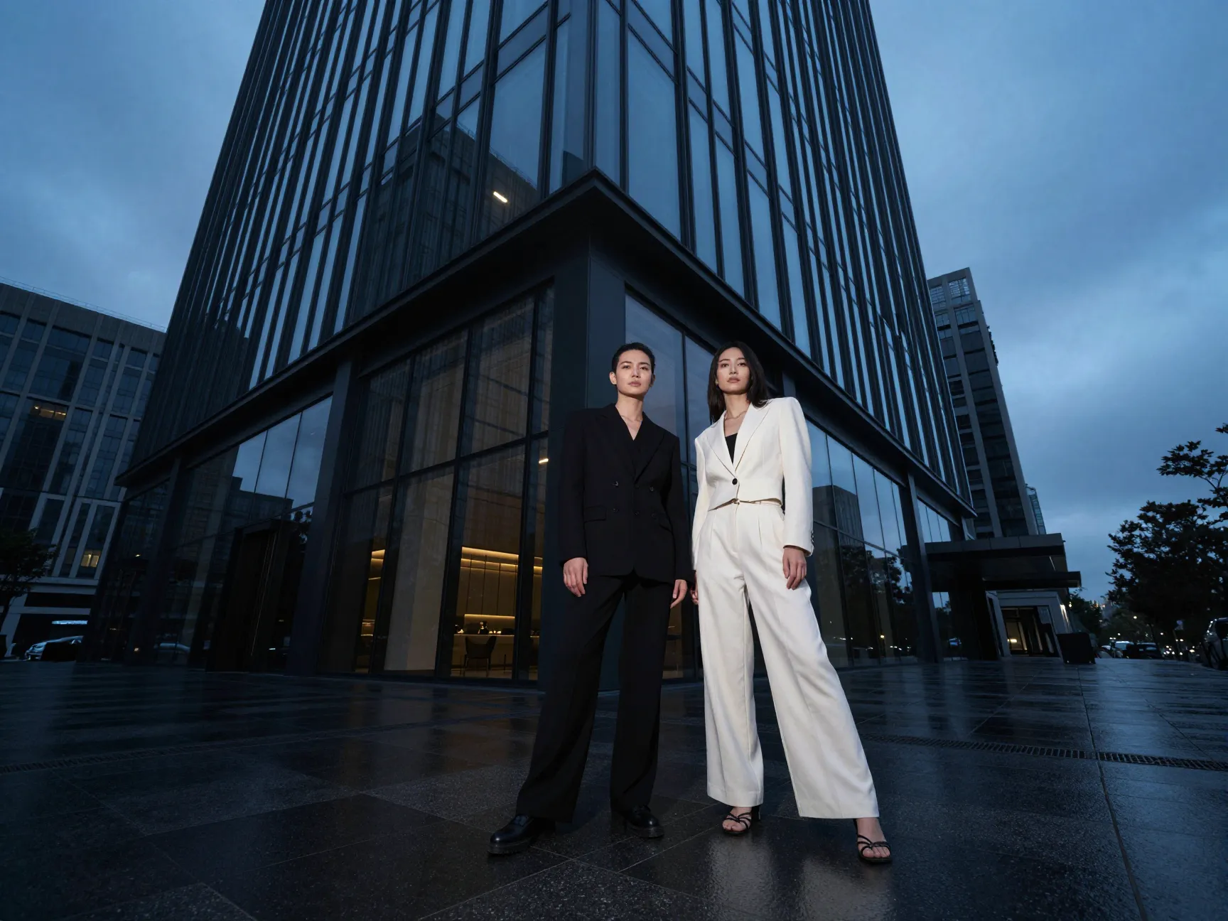 Urban couple black ivory glass building blue hour