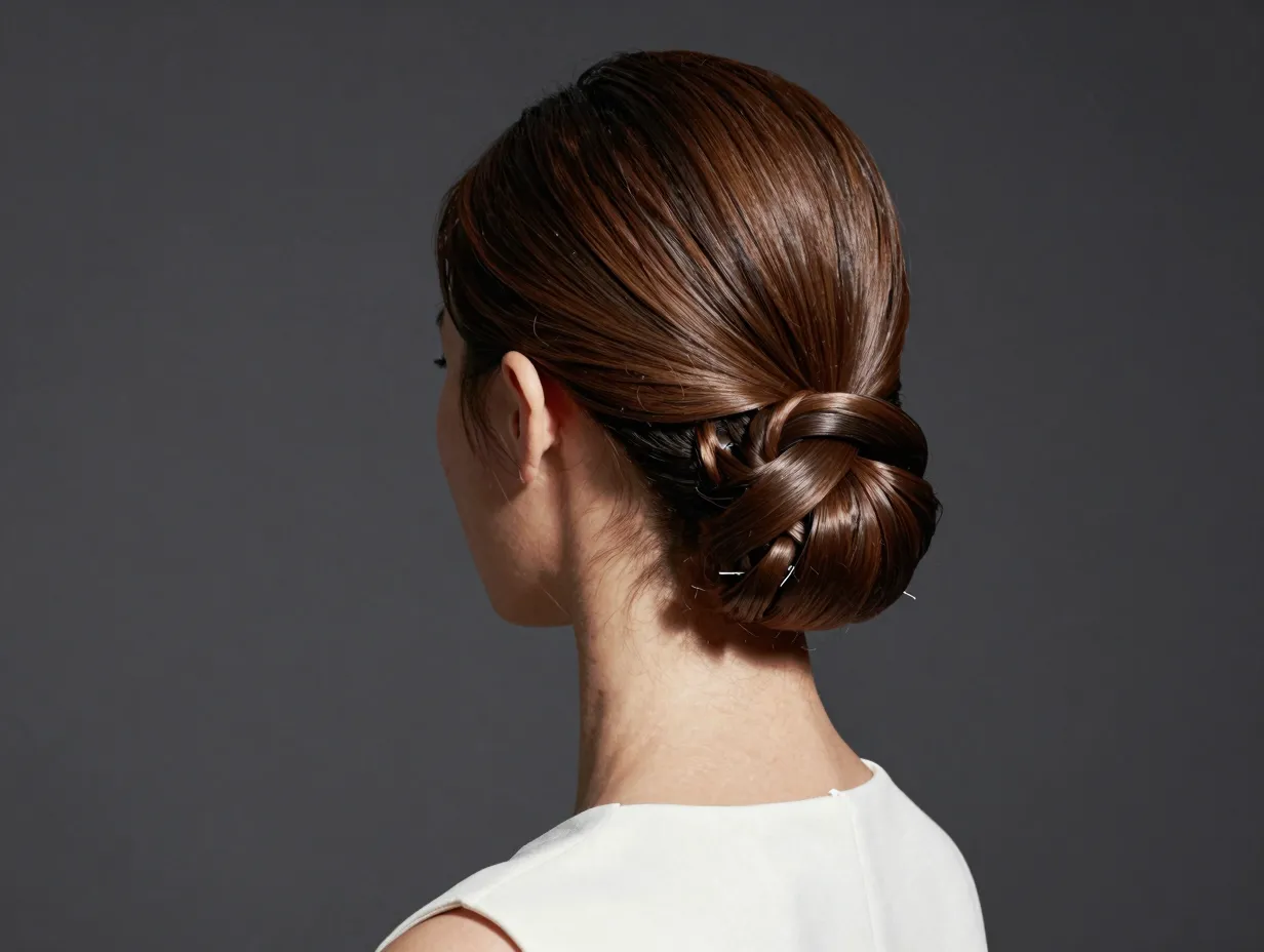 A guest wearing a bold architectural updo with sculptural twists at a modern wedding