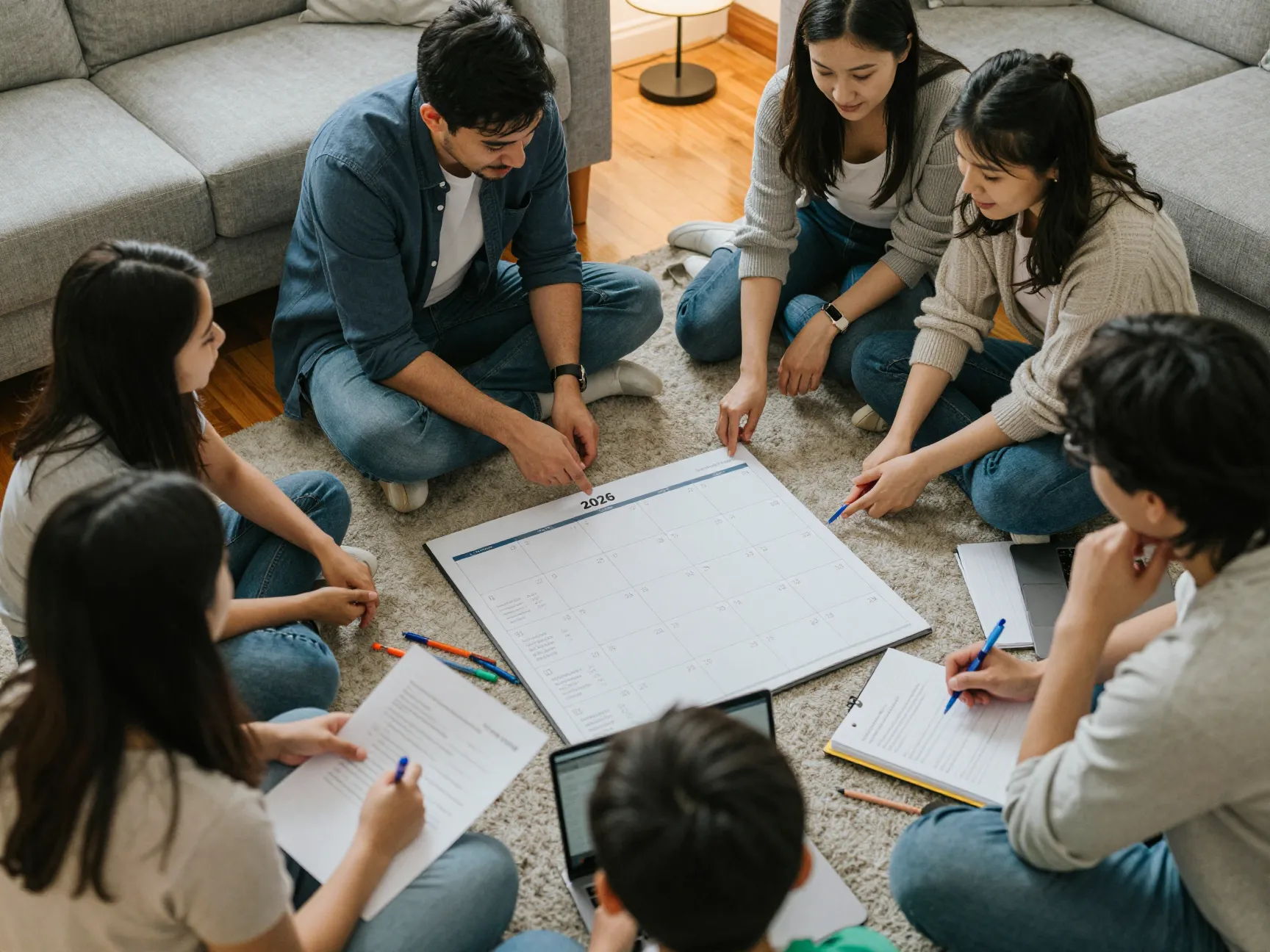 Couple families reviewing guest list calendar on living room floor
