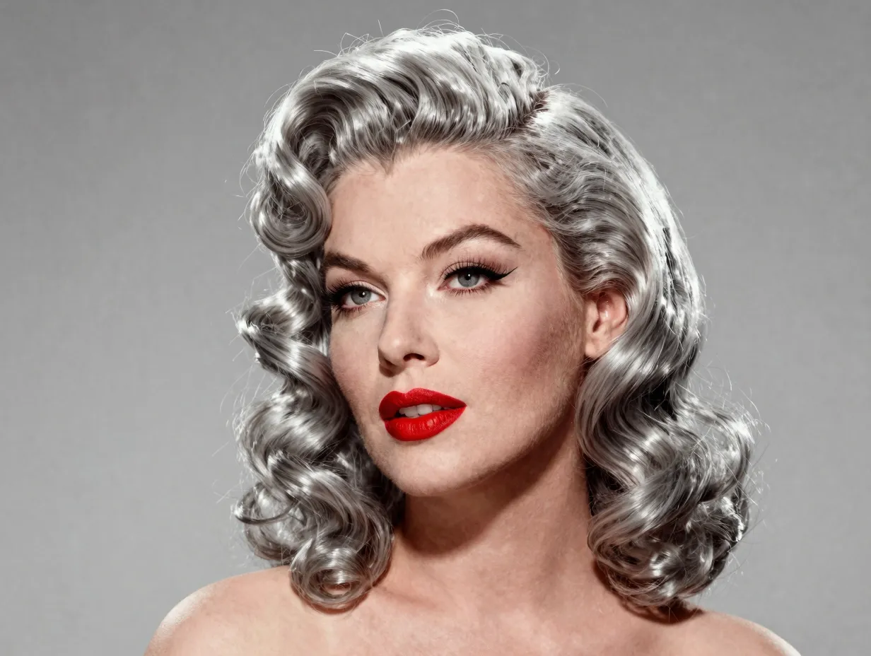 A guest with voluminous silver screen hollywood curls and bold red lip makeup