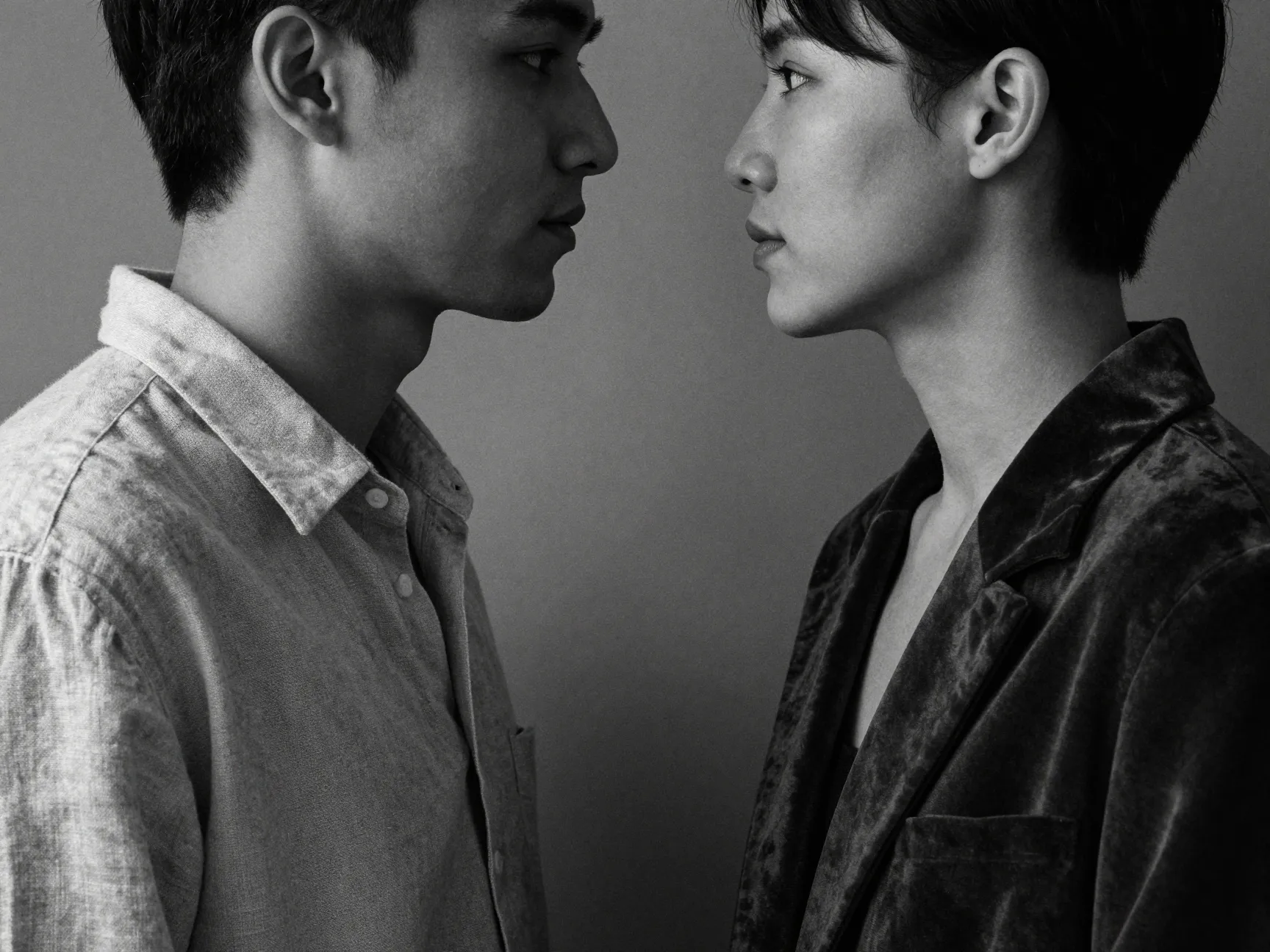 Black white fine art portrait couple textured linen velvet