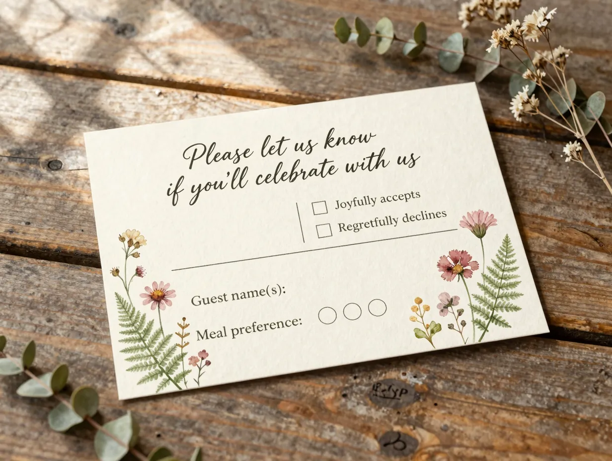 Botanical illustrated rsvp card with watercolor wildflowers and script font