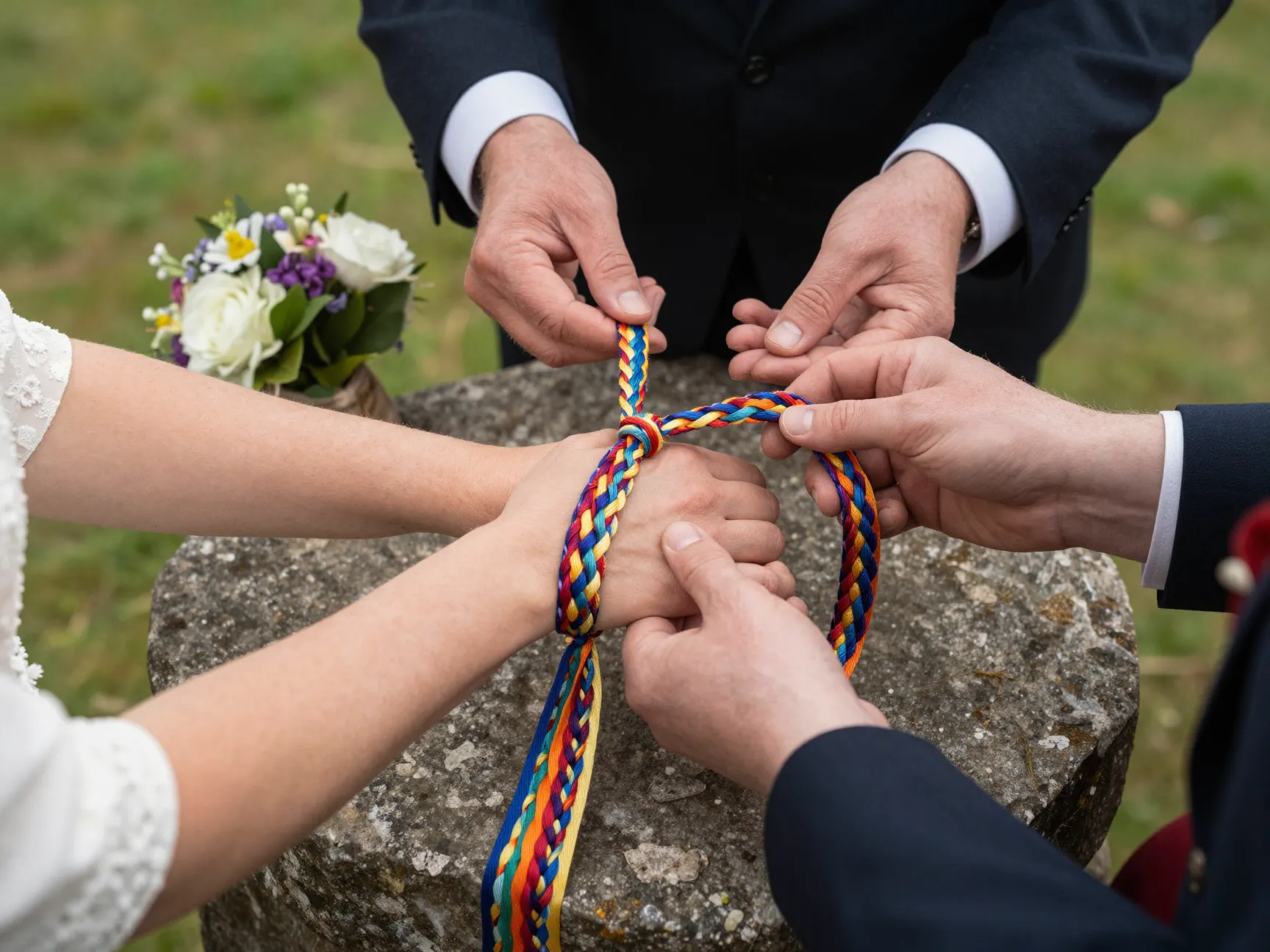 Couple performing a celtic handfasting ritual with ribbon