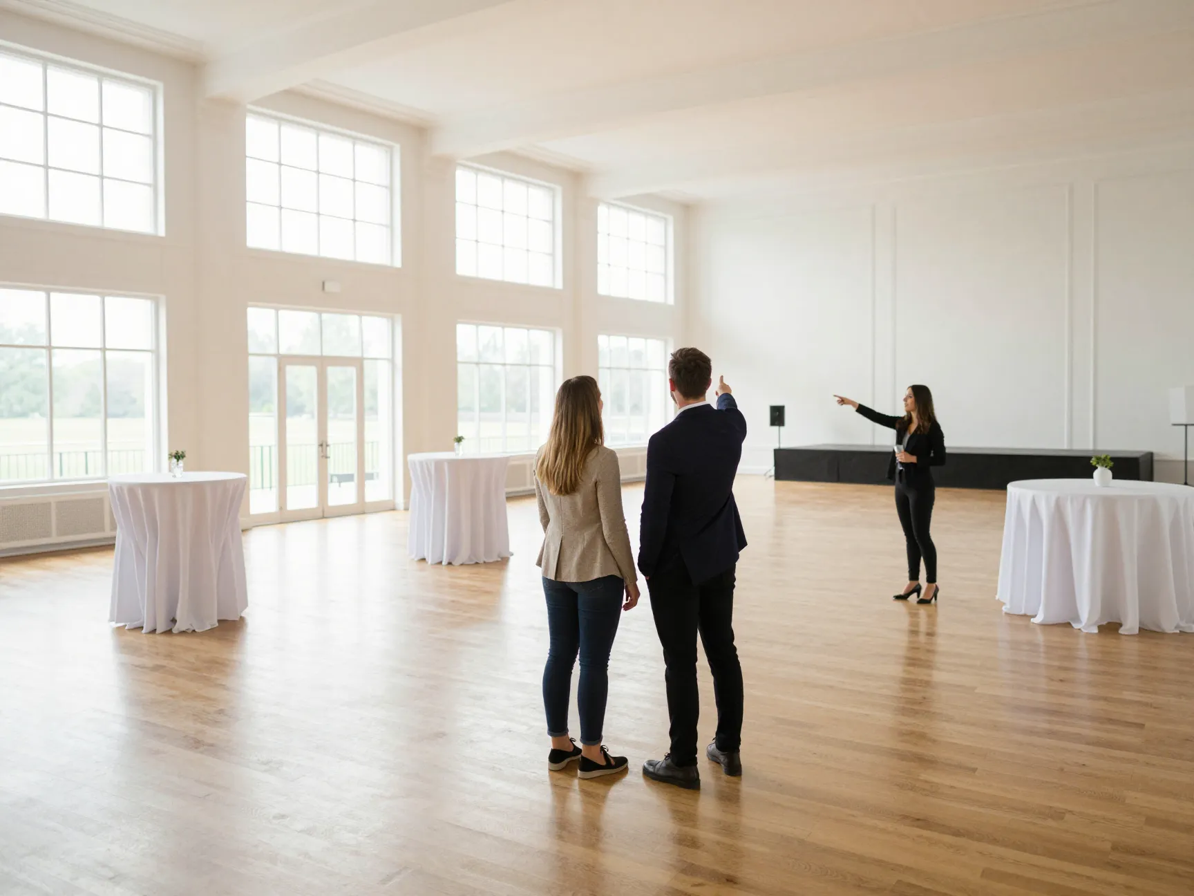 Couple touring bright elegant banquet hall wedding venue