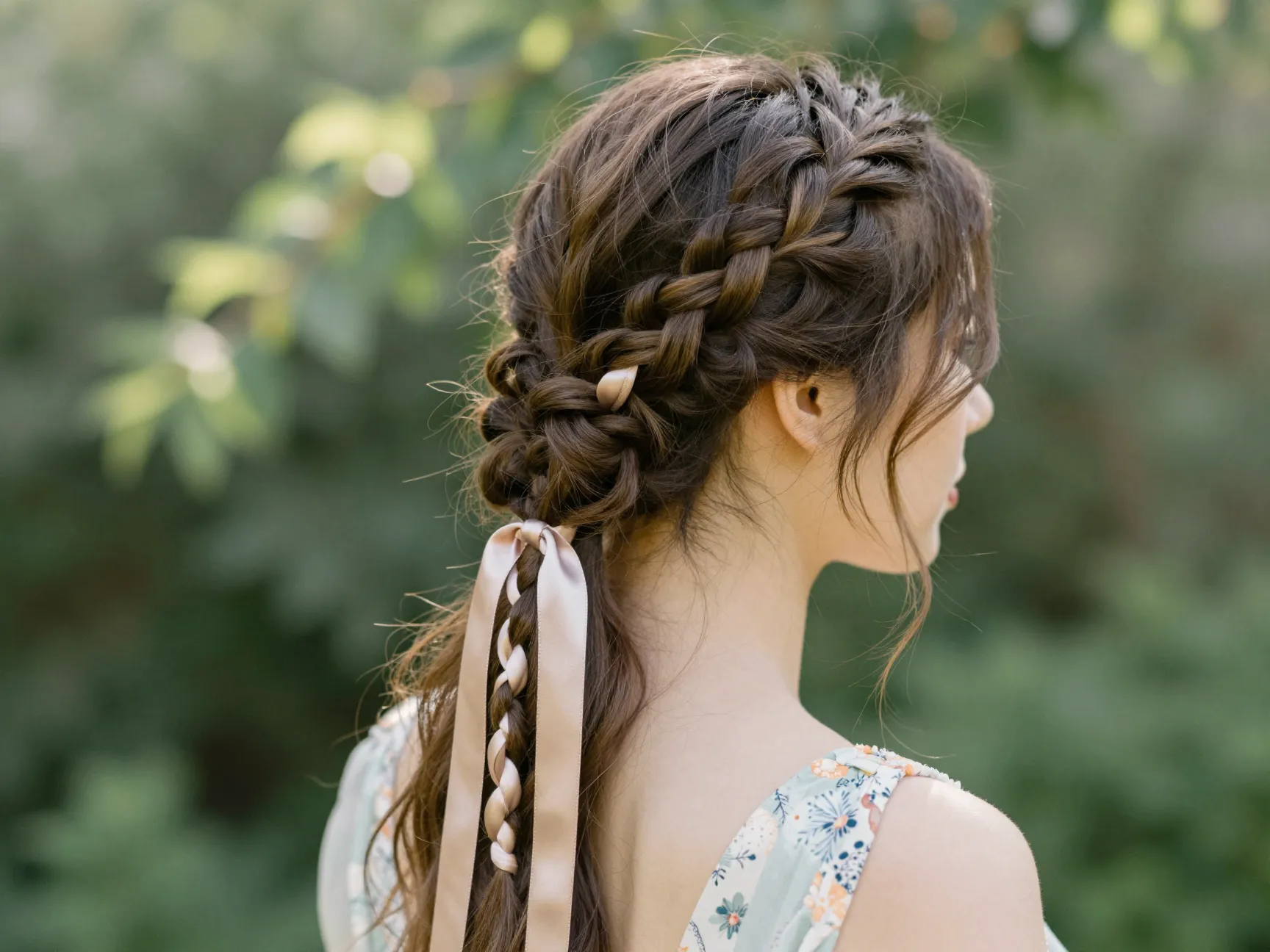 A guest with a braided updo featuring a woven satin ribbon in a garden