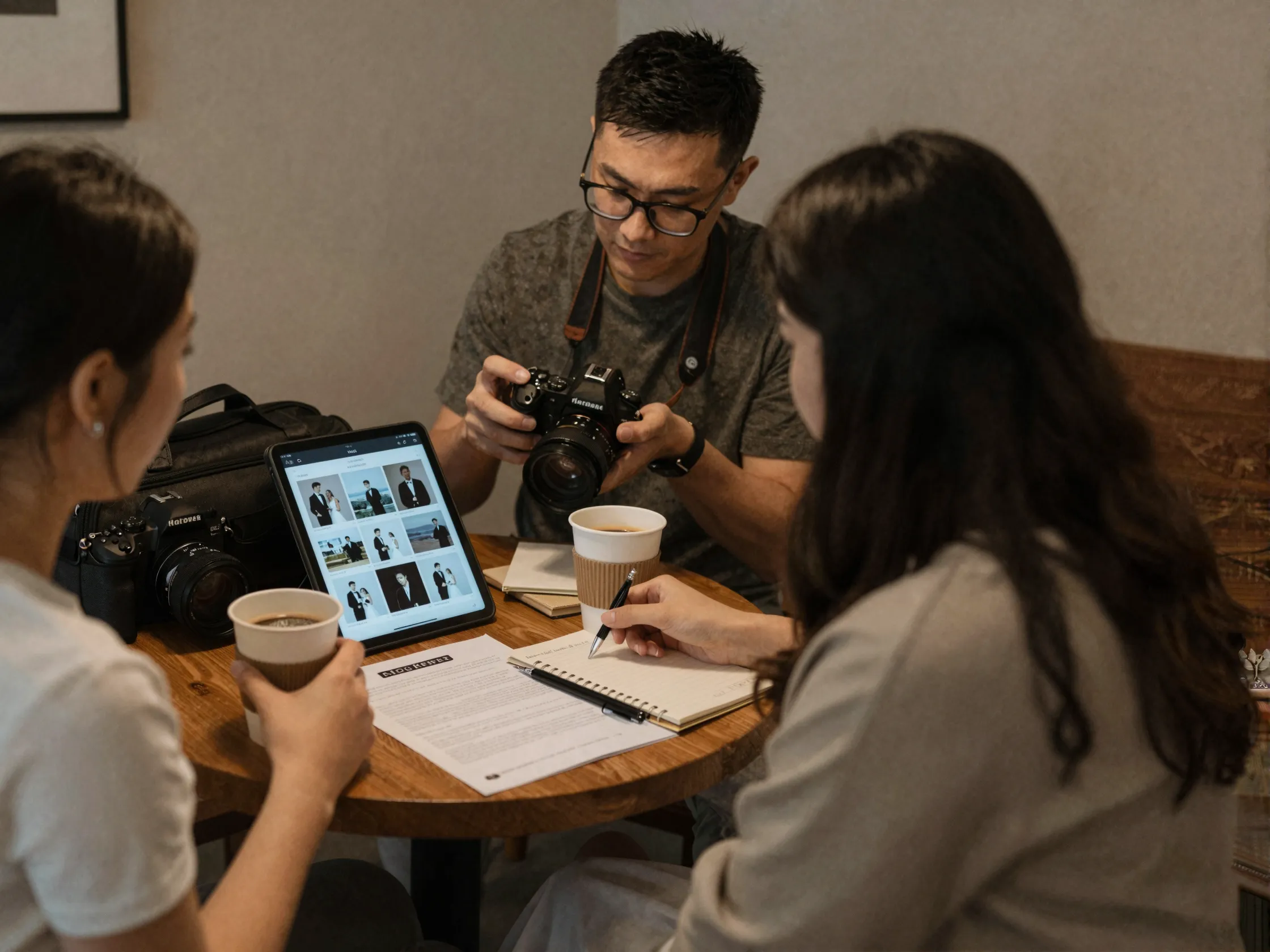 Bride interviewing wedding photographer in cozy coffee shop
