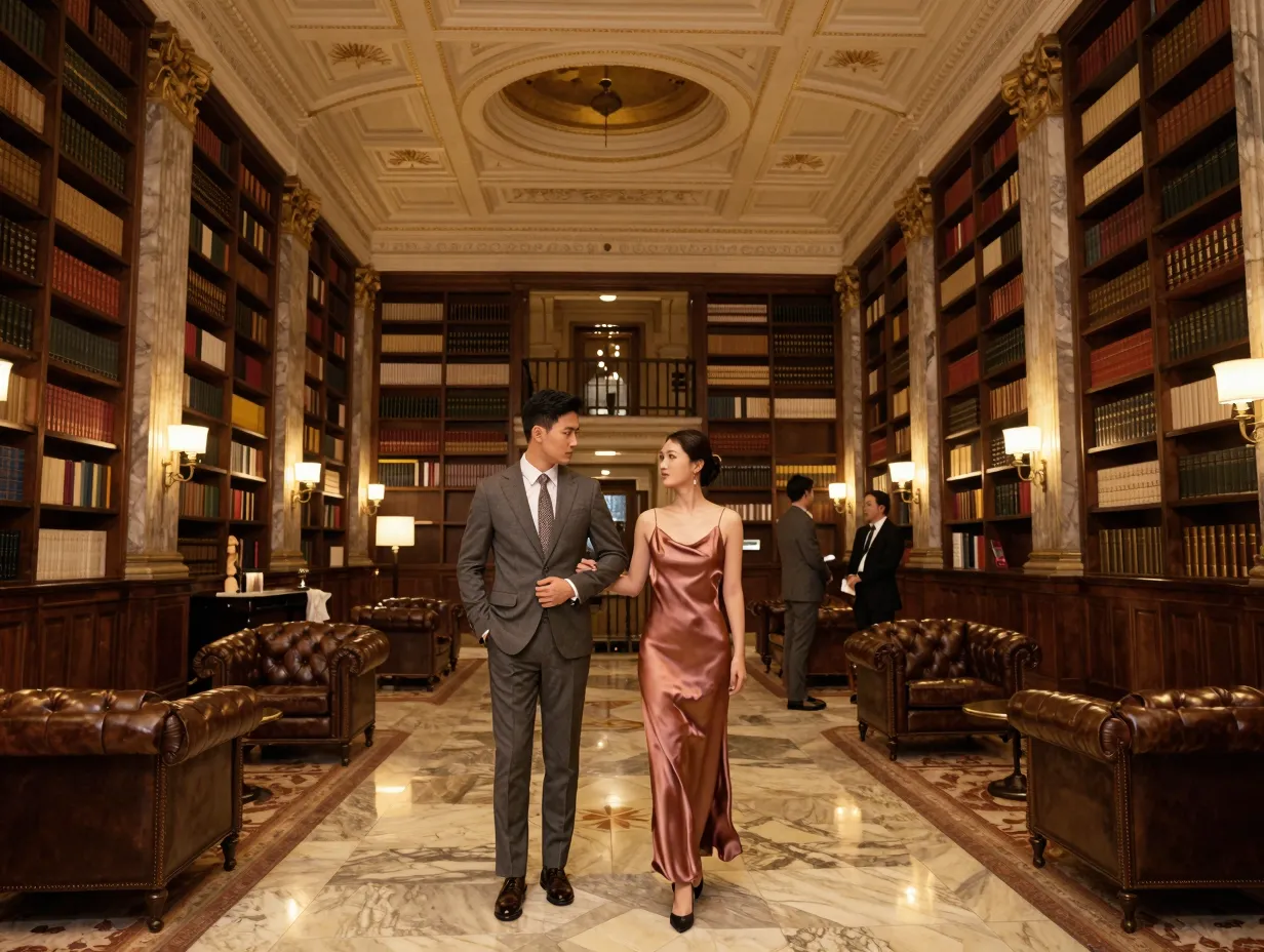 Couple tailored suit silk dress grand hotel library interior