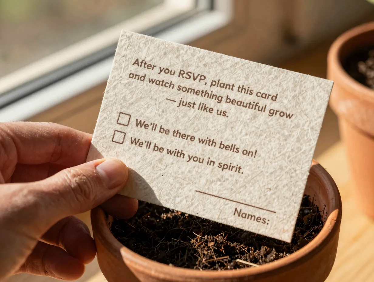 Eco friendly seed paper rsvp card with planting instructions on back
