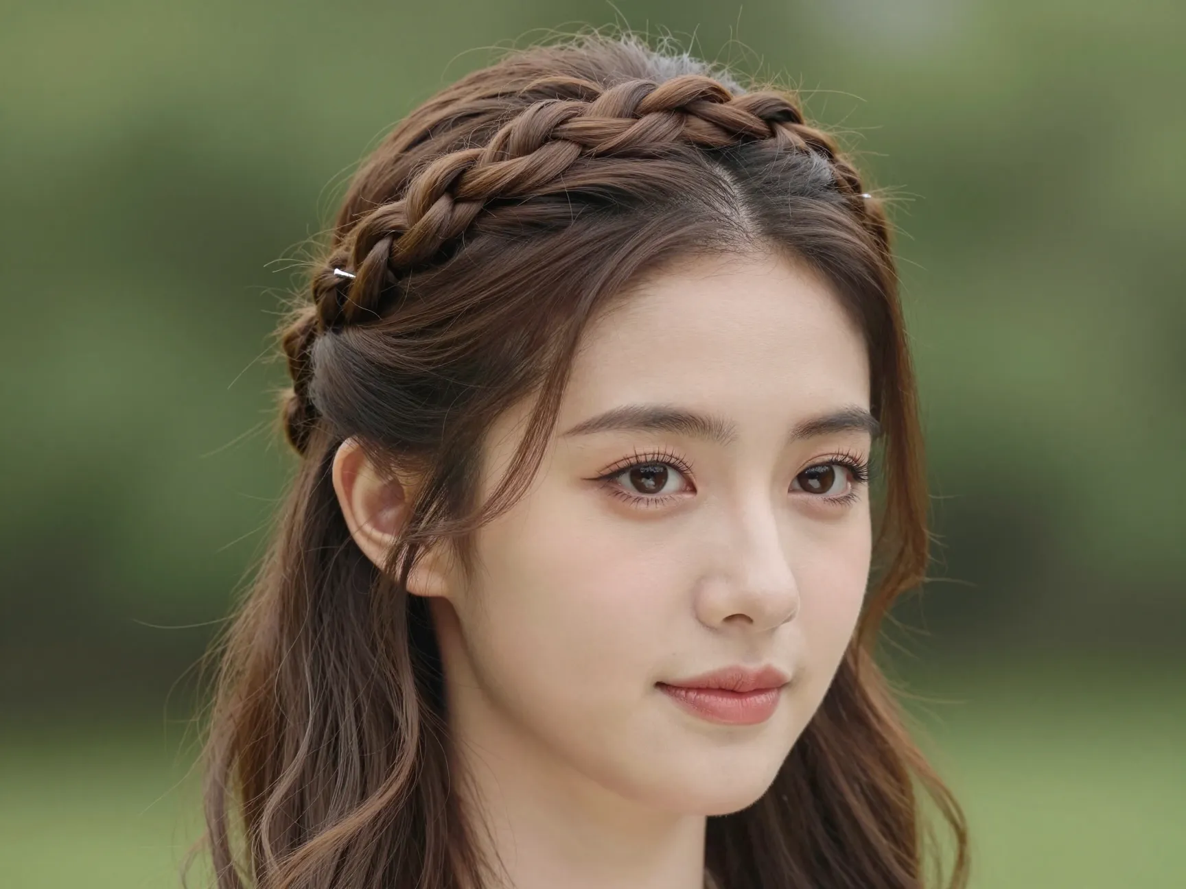 A guest wearing a half up half down hairstyle with a braided crown