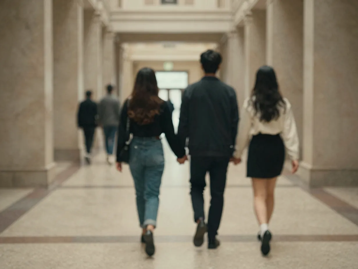 Couple walking hand hand long corridor motion blur