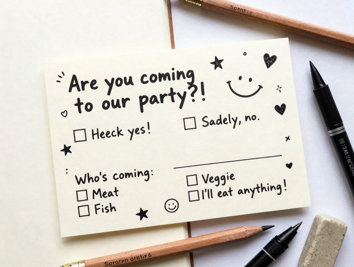 Scribble handwritten style rsvp card with playful doodles and text