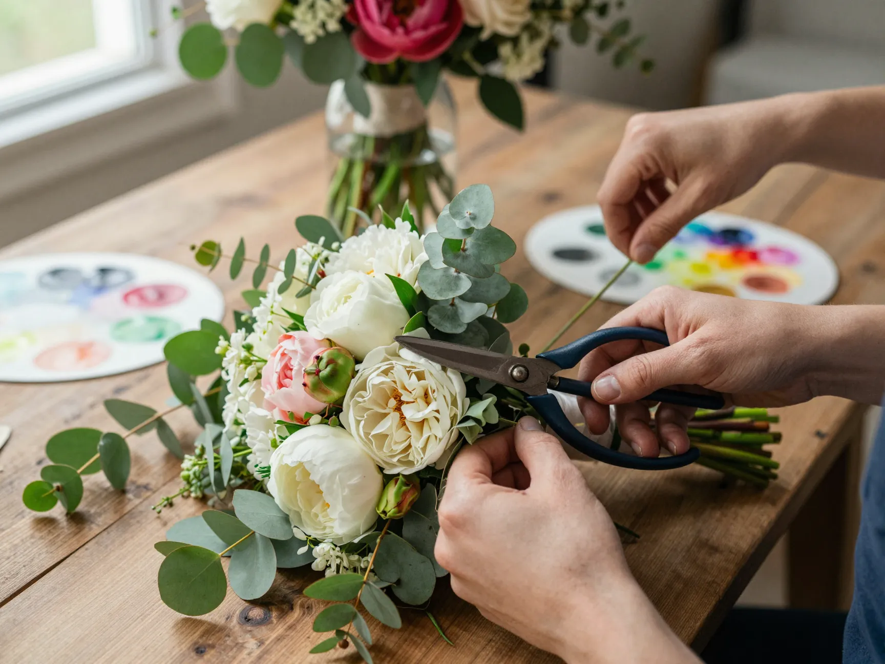 Close up of florists hands arranging a bridal bouquet centerpiece