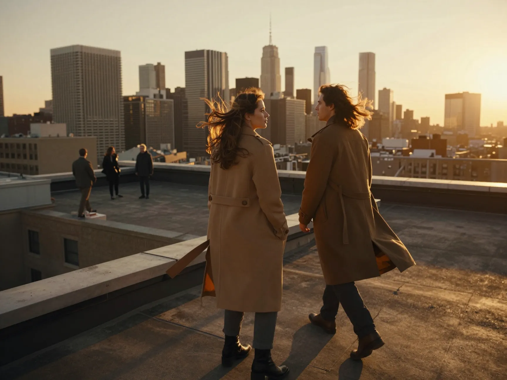 Couple flowing coats city rooftop golden hour