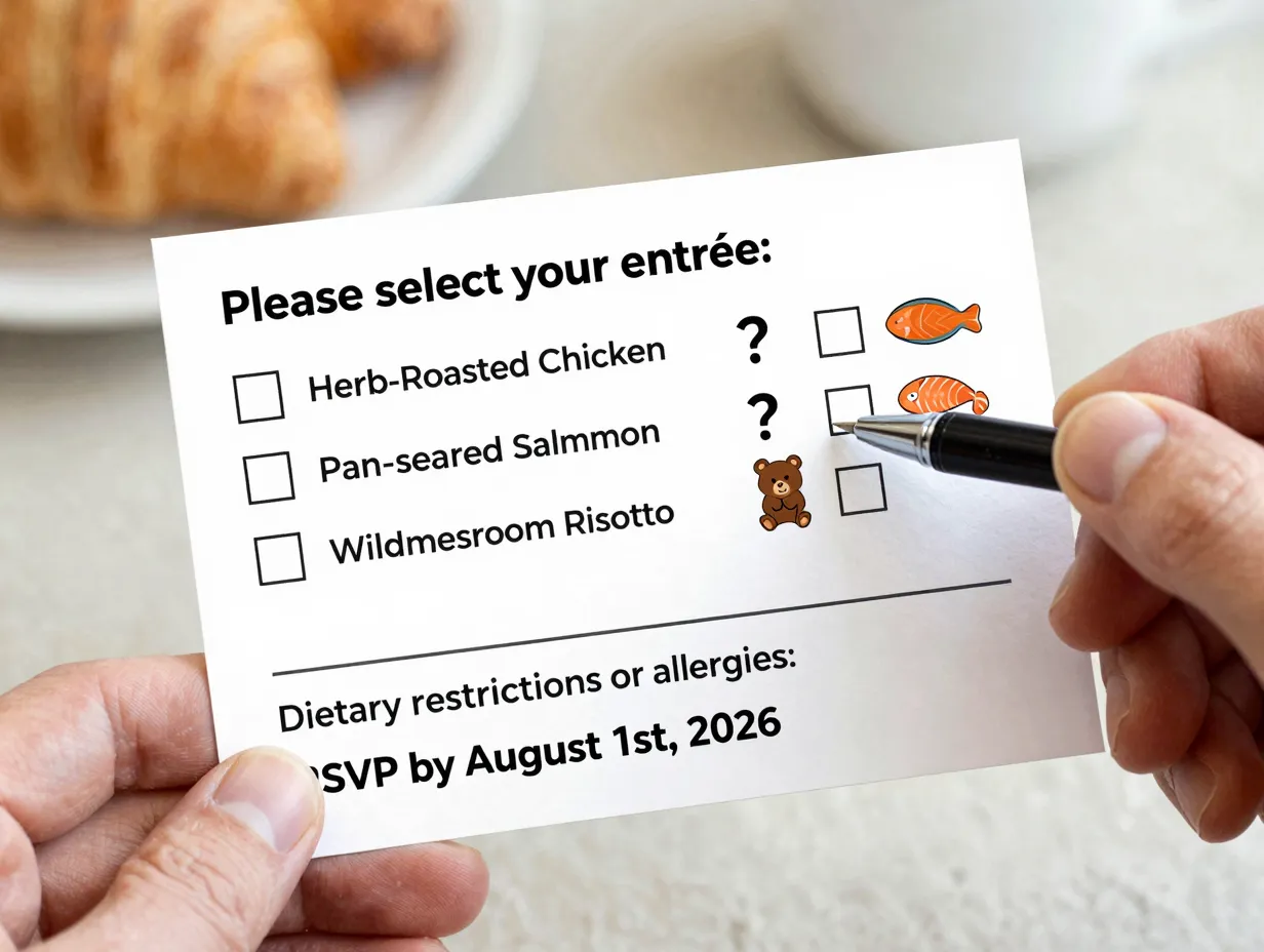 Meal choice rsvp card with entrée icons and dietary restriction field