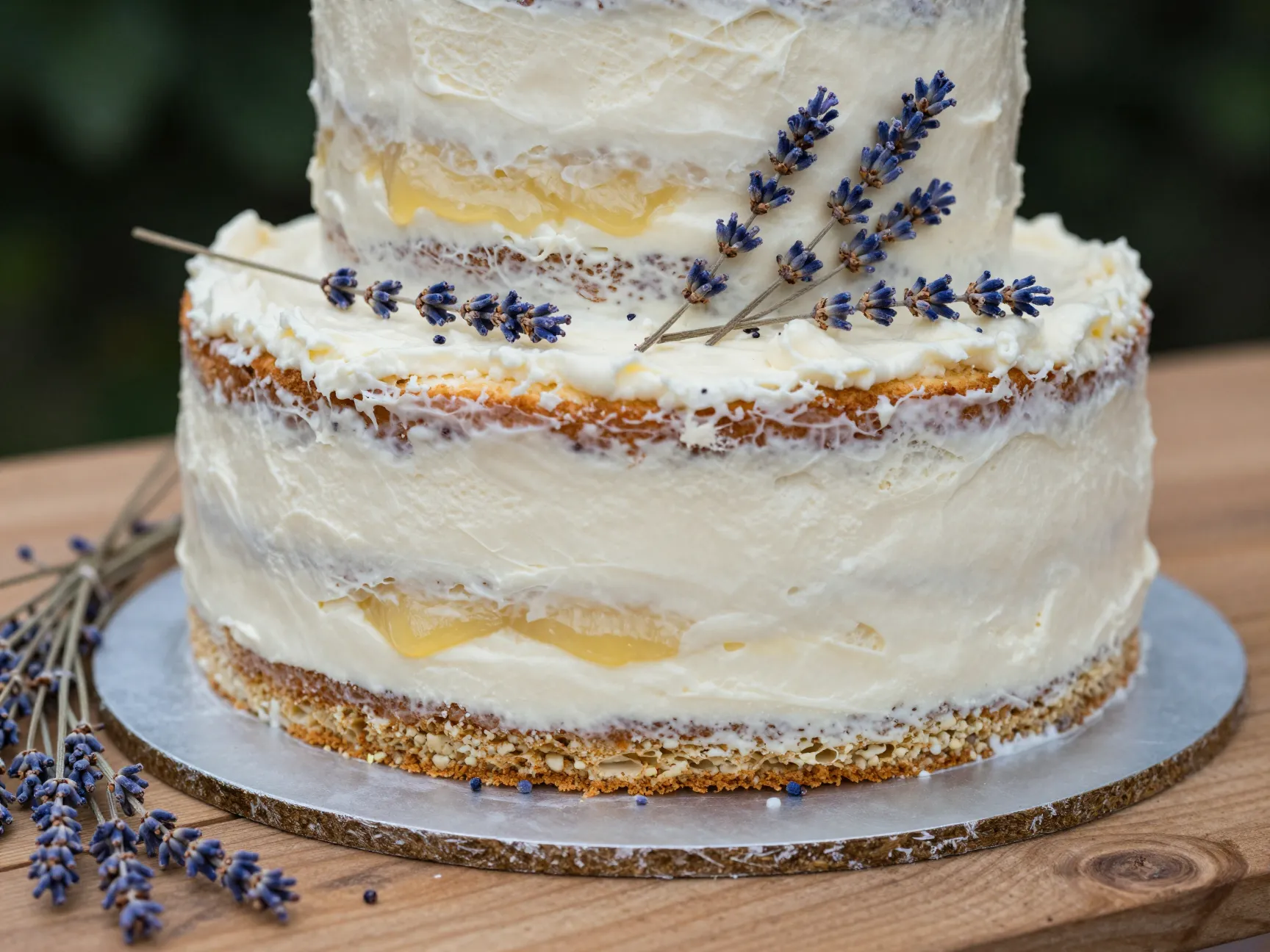 Semi naked wedding cake with dried lavender and lemon curd filling