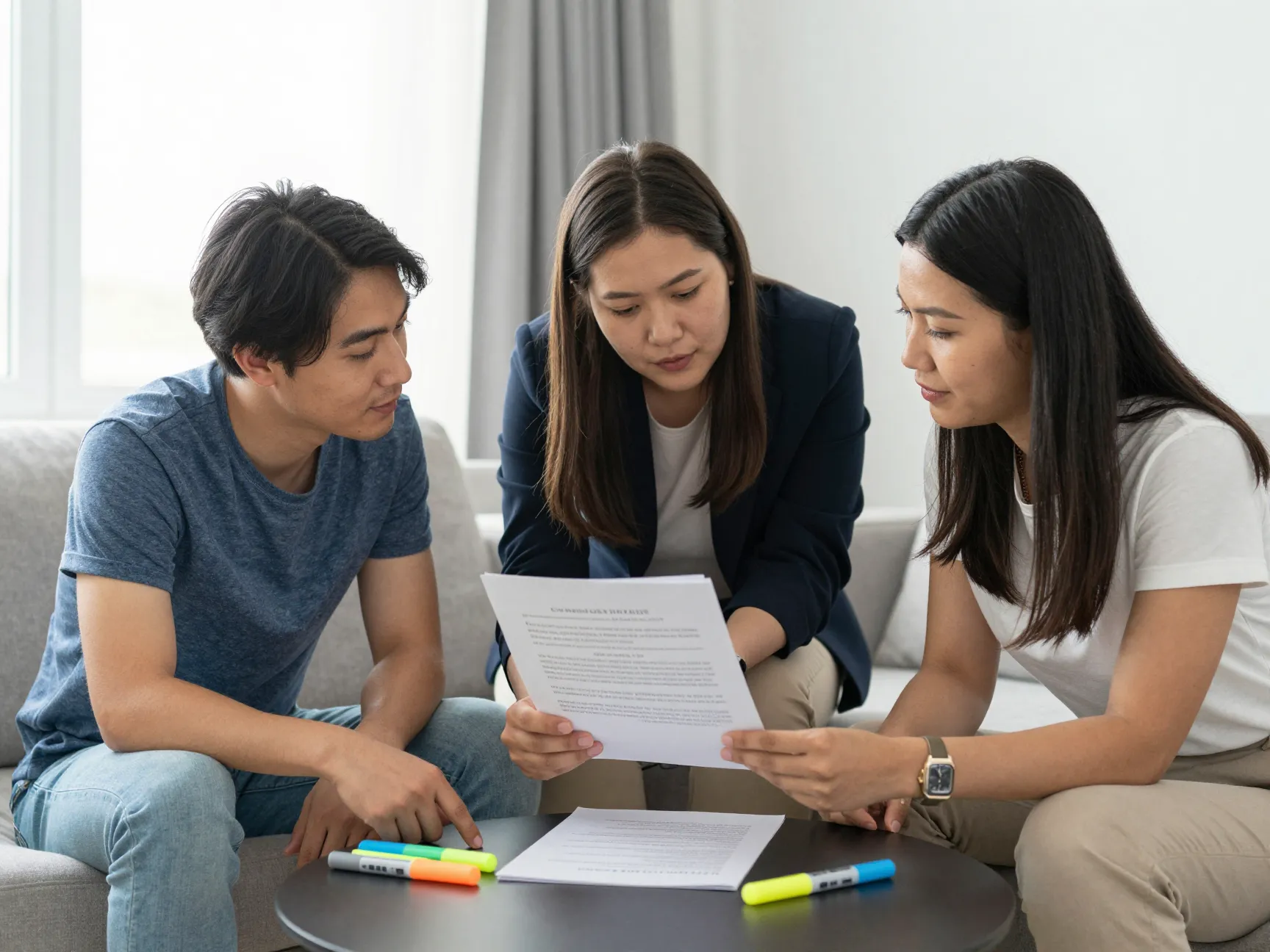 Couple and officiant reviewing a custom secular ceremony script