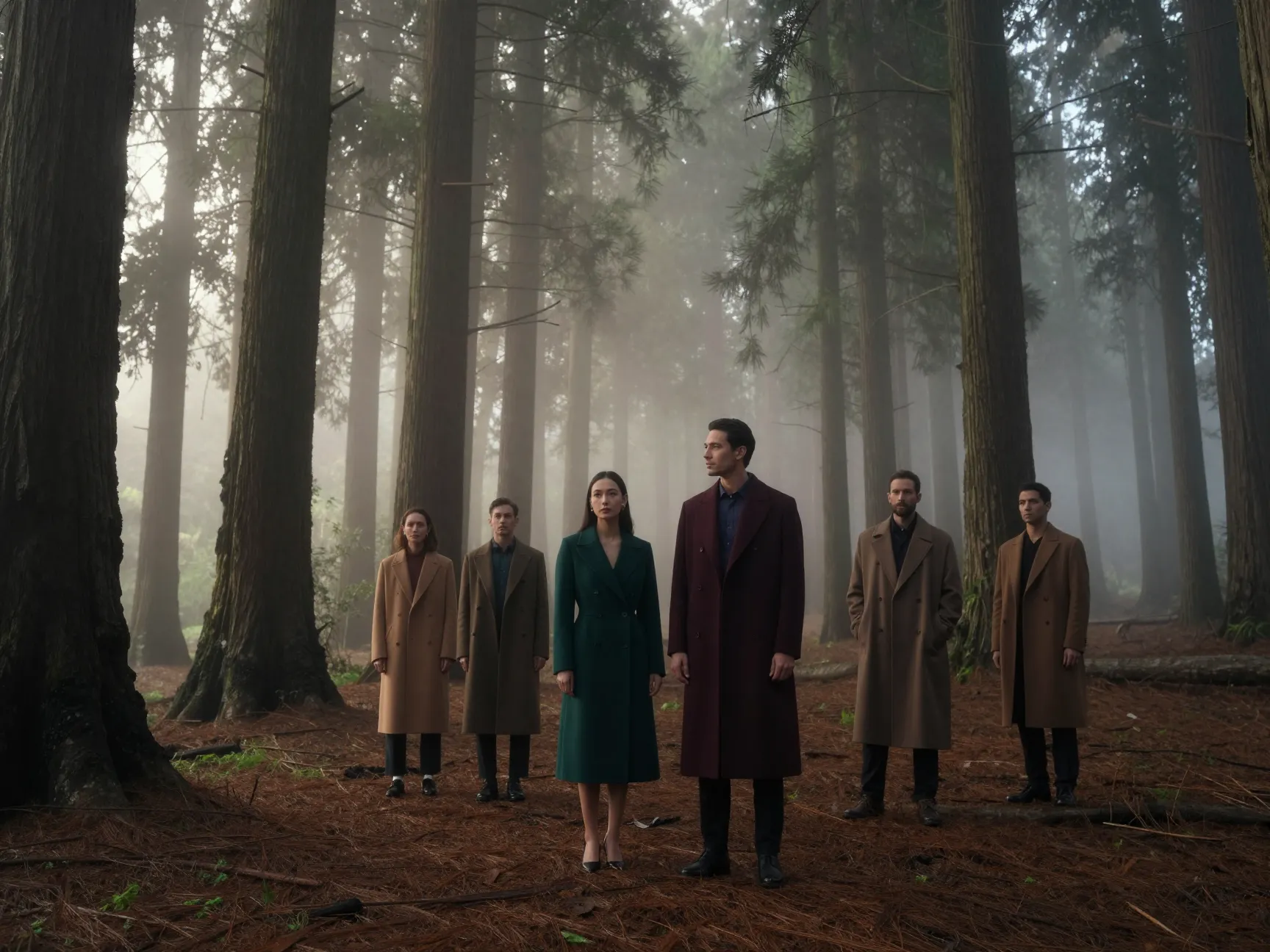 Couple earth tone coats misty redwood forest dawn