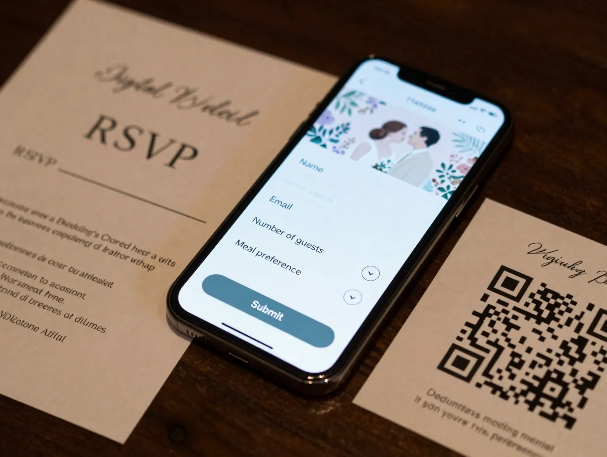 Digital rsvp card interface on a smartphone screen with qr code