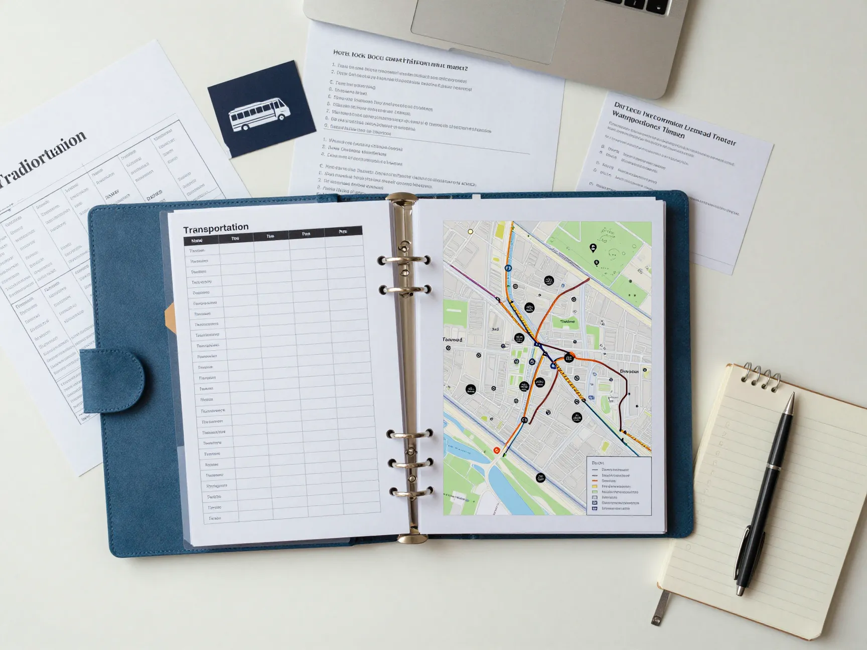 Organized wedding logistics binder and transportation map on desk