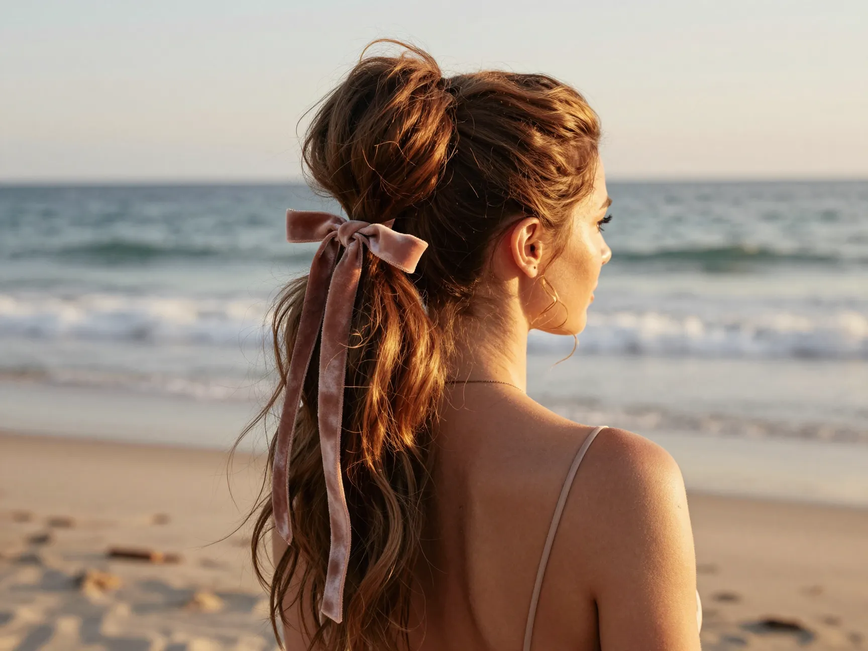 A guest wearing a high textured ponytail with a ribbon tie at a beach