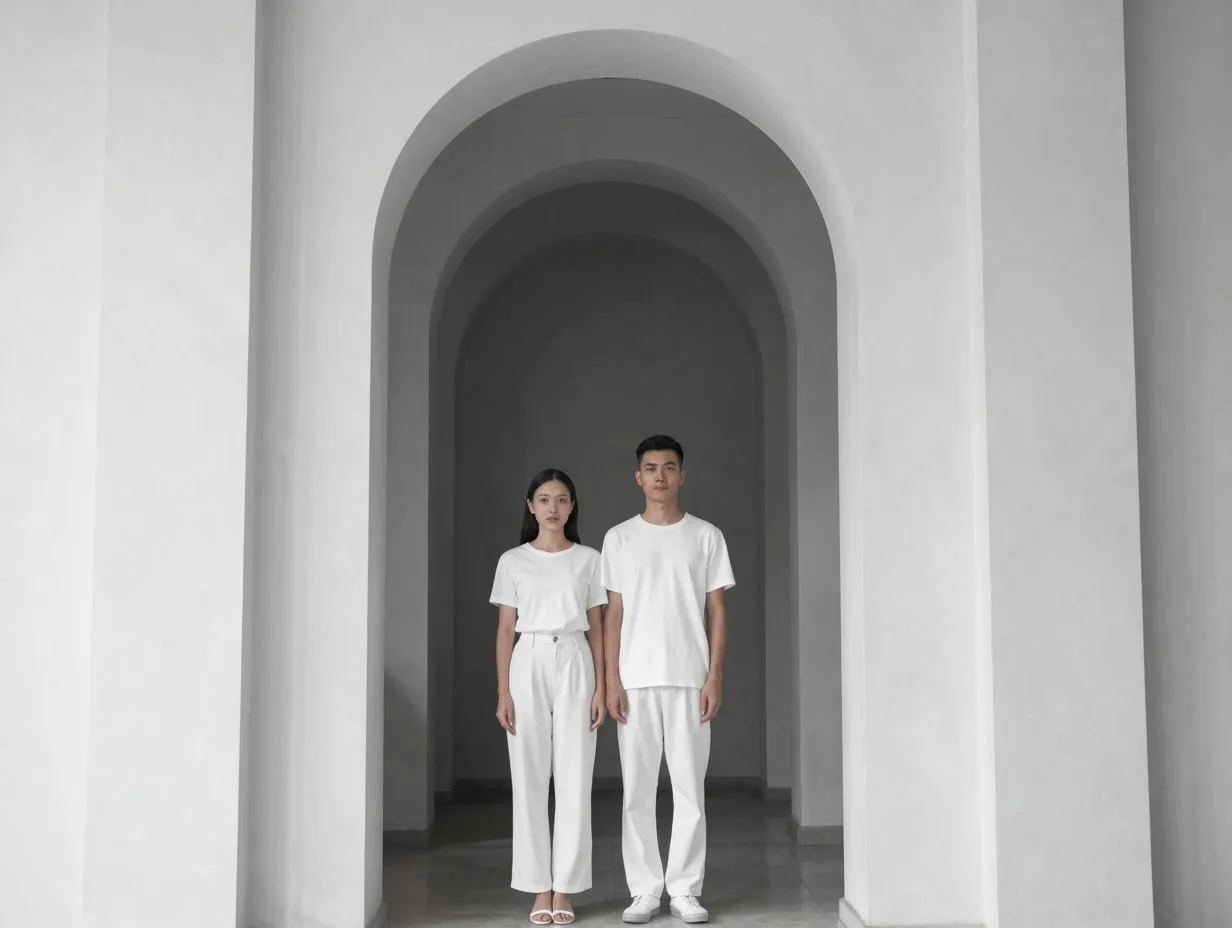 Centered symmetrical shot couple archway monochromatic outfits