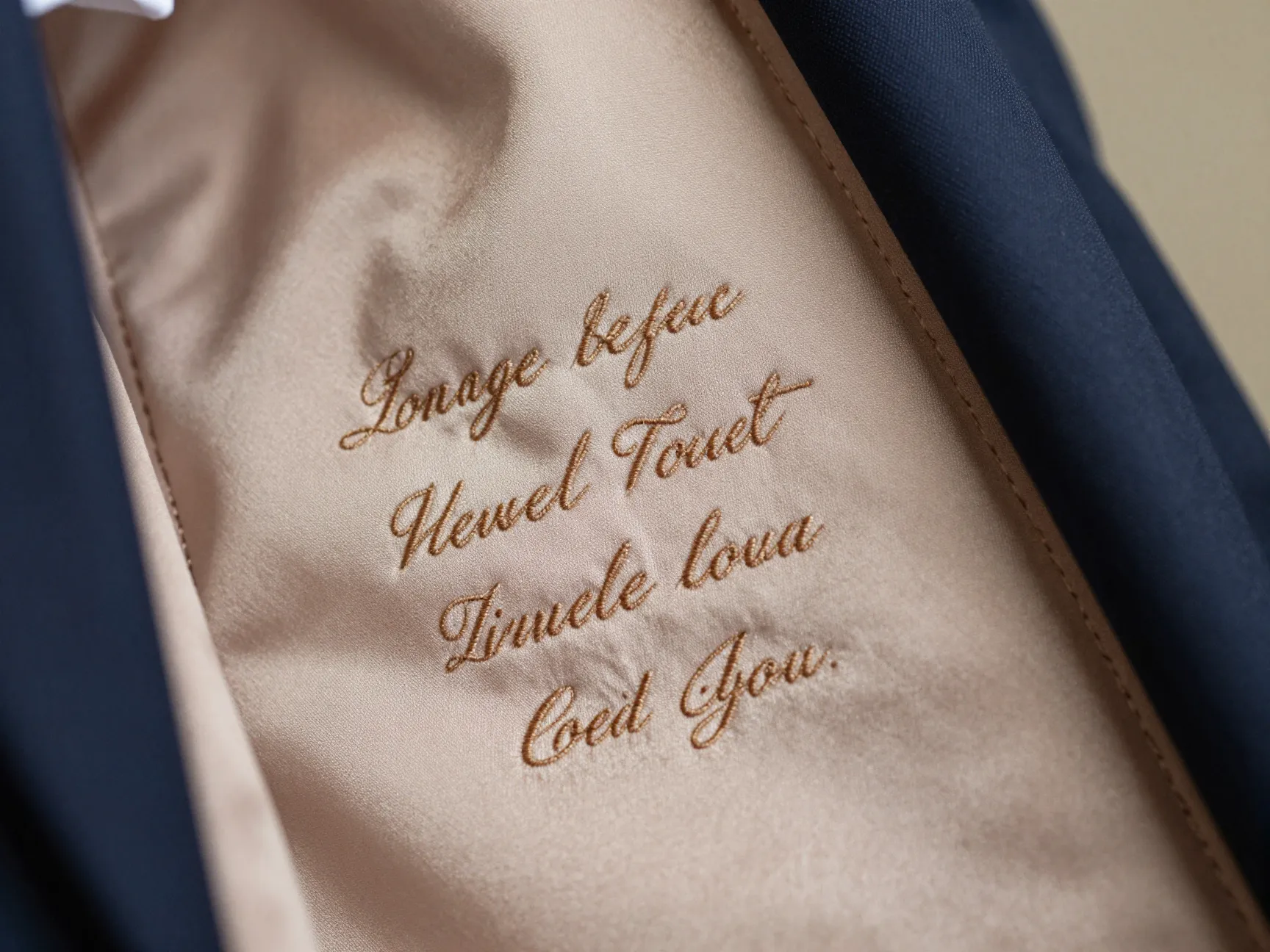 Detail of embroidered wedding vow inside a suit jacket lining