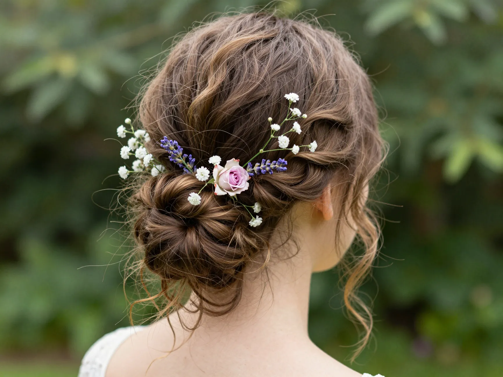 A guest wearing a soft updo with fresh floral accents in a garden